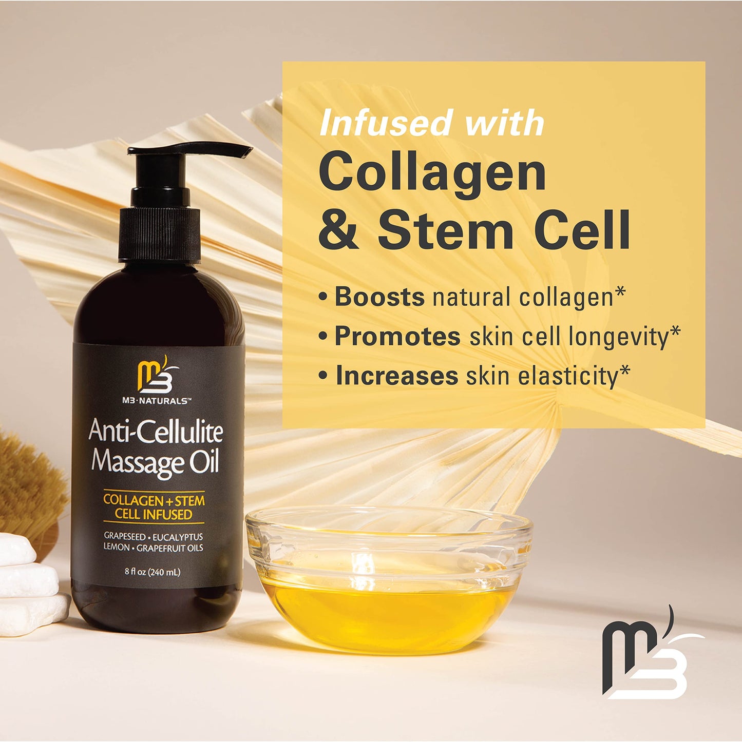 Anti Cellulite Massage Oil for Massage Therapy - Collagen and Stem Cell Skin Tightening Cellulite Cream for Women - 8 Fl Oz by M3 Naturals