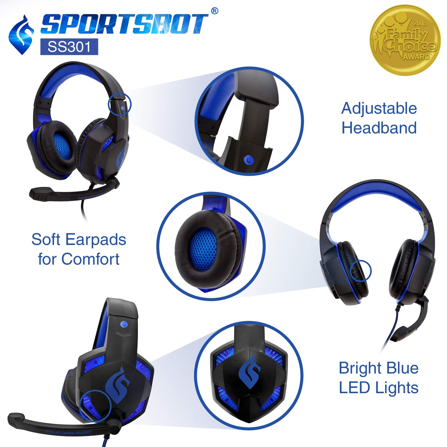 Soundbot SportsBot SS301 Blue LED Gaming Over-Ear Headset Headphone, Keyboard & Mouse Combo Set w/ 40mm Speaker Driver, Microphone, Multimedia Keys & Window Key Lock, 4 DPI Levels (BLU)