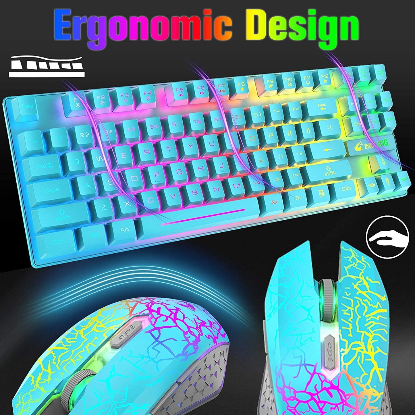 Wireless Gaming Keyboard Mouse Combo Detachable Wrist Rest, Rainbow Backlight Rechargeable 3800mAh Battery, 87-Key Mechanical Feel Keyboard, RGB Gaming Quiet Mouse & Mouse Pad for PC Gamers (Blue)