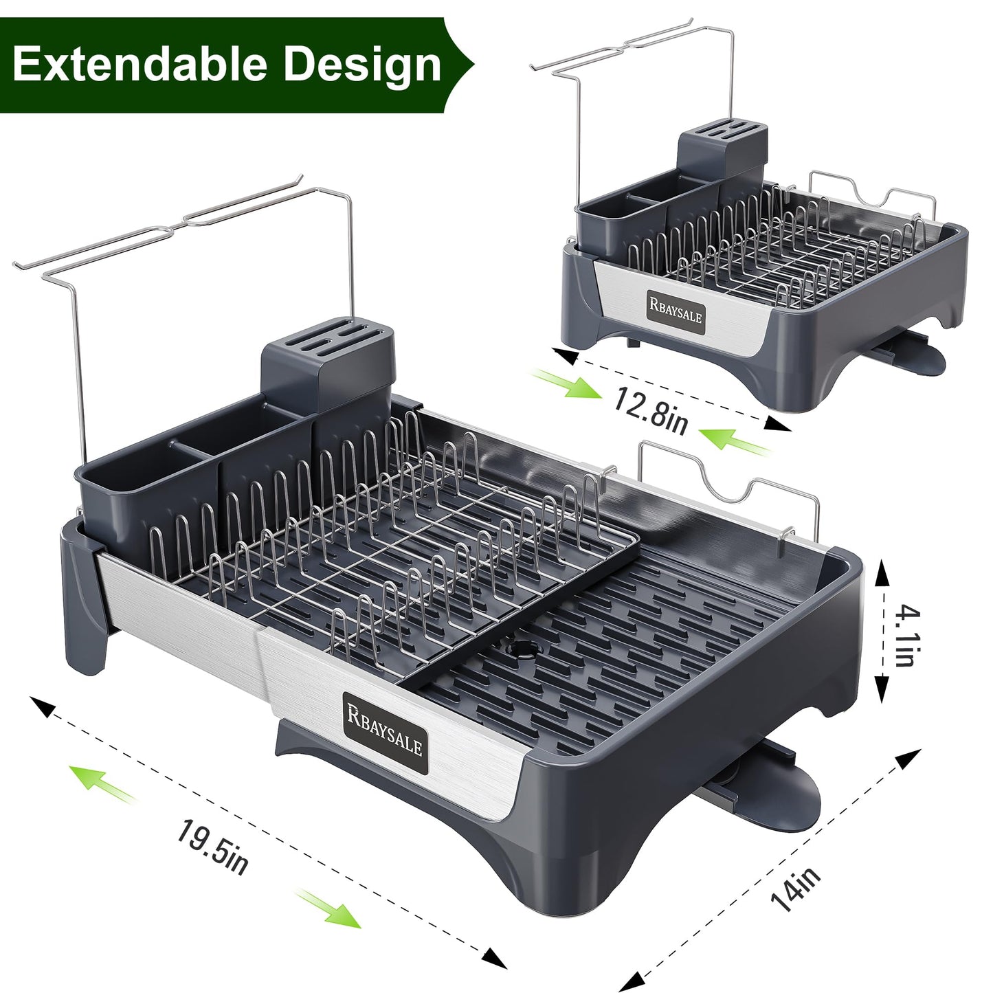 RBAYSALE Large Expandable Stainless Steel Dish Rack With Aluminum Pull Plate, Wine Glass Holder and Utensil Holder