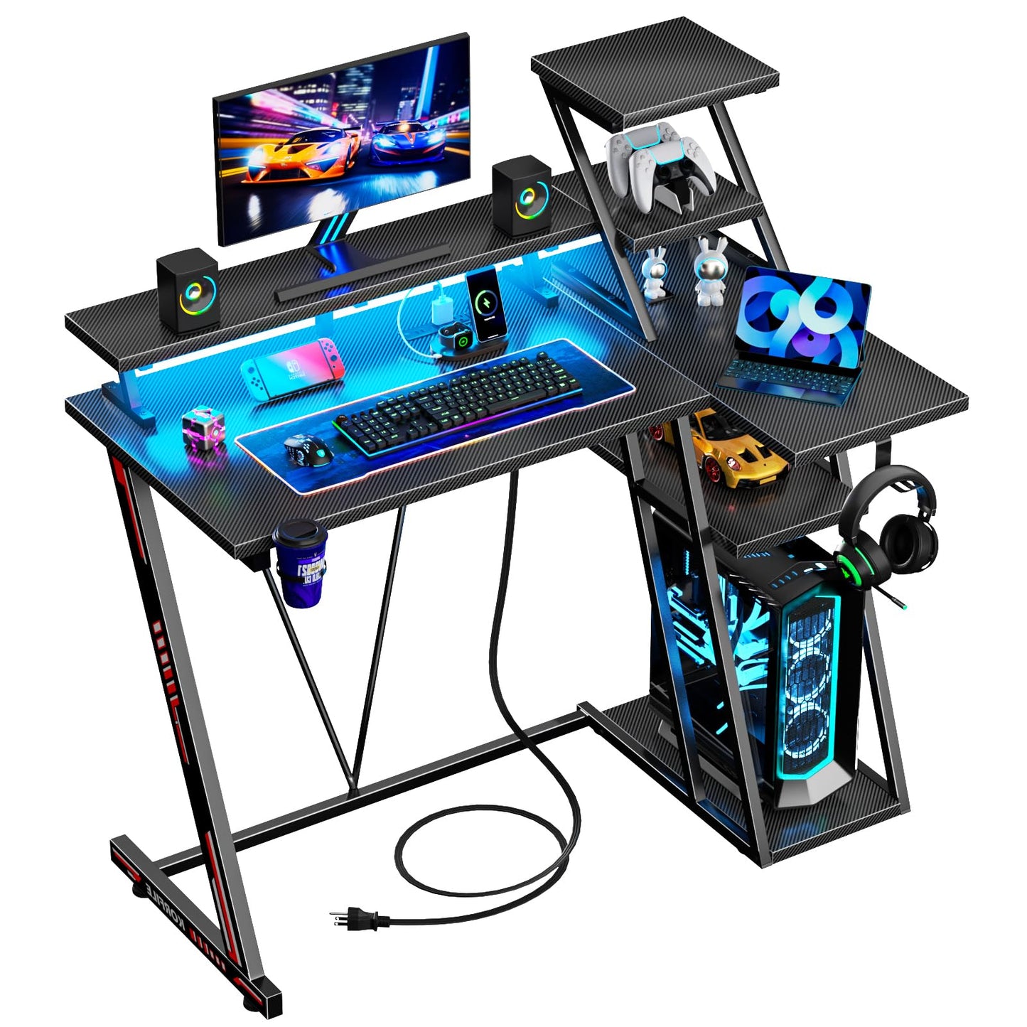 Korfile L Shaped Gaming Desk with LED Lights & Power Outlet, Reversible Computer Desk with Extra Storage Shelves, Gamer Workstations with Monitor Stand for Bedroom, 39 Inch, Carbon Fiber Black