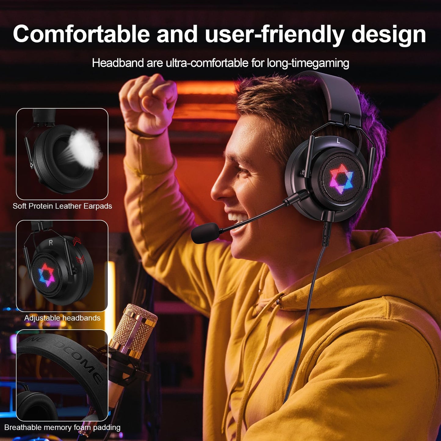 SUNGODCOME ES09 Foldable Gaming Headset - 7.1 Surround Sound, Detachable Noise Cancelling Mic, RGB Light, Memory Foam, for PC, Xbox, PS4/5, Switch, Console, Meeting & Music