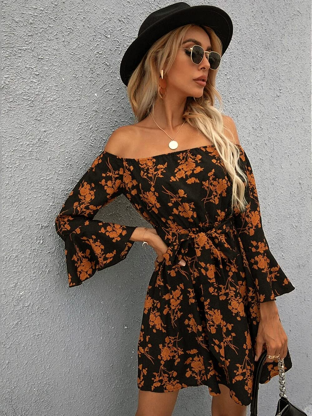 JECEIKA Womens Off Shoulder Dress Ruffle Floral Fall Wedding Guest Dresses 2024 A Line Tied Belted Short Skater Dress Medium Caramel