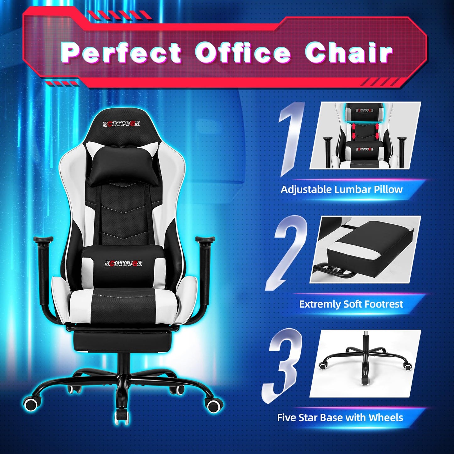 ECOTOUGE PC Massage Gaming Chair with Footrest Ergonomic Office Desk Chair Racing PU Leather Recliner Swivel Rocker with Headrest and Lumbar Pillow,White