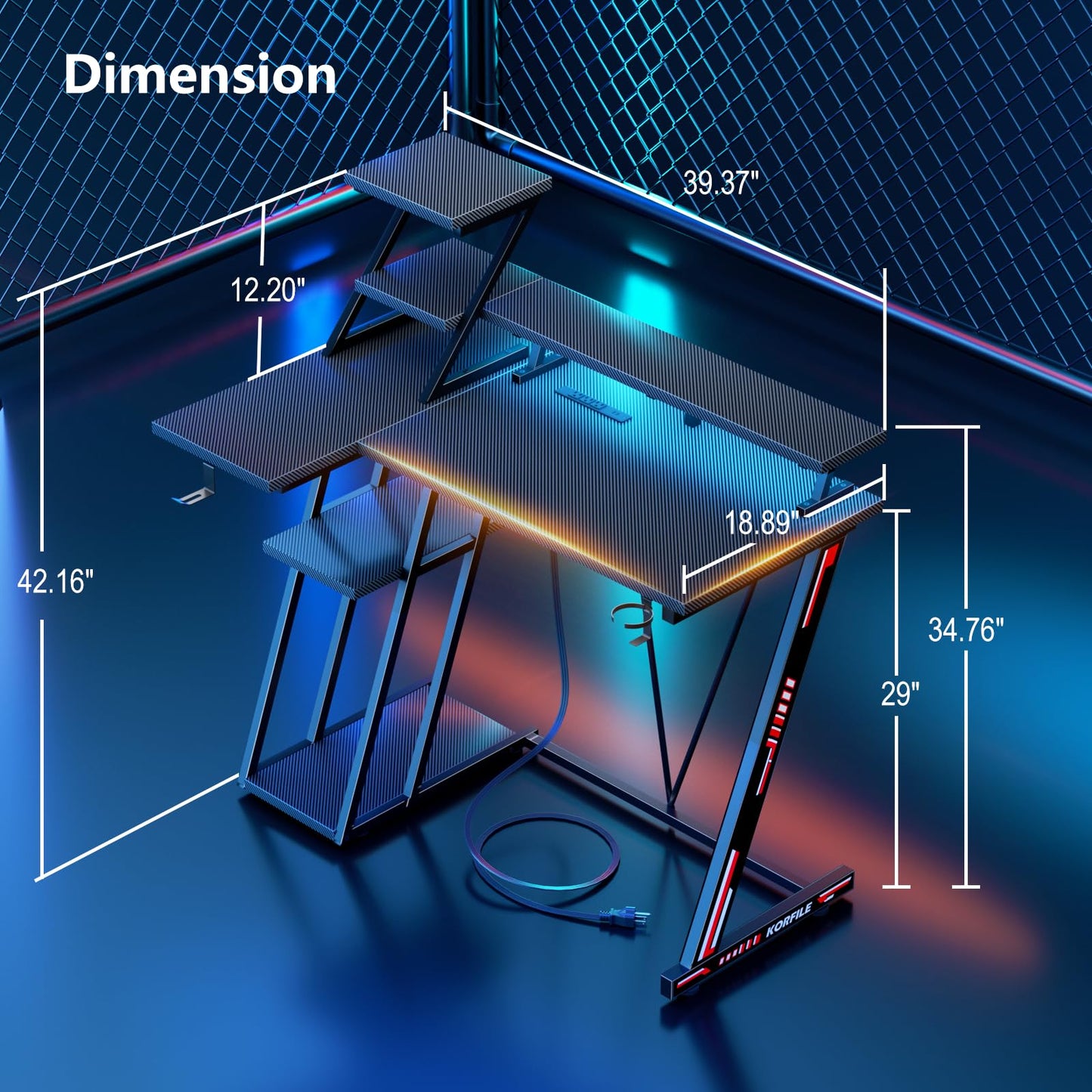 Korfile L Shaped Gaming Desk with LED Lights & Power Outlet, Reversible Computer Desk with Extra Storage Shelves, Gamer Workstations with Monitor Stand for Bedroom, 39 Inch, Carbon Fiber Black