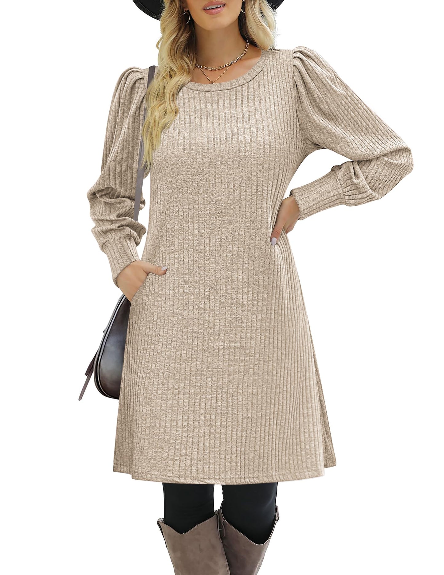 Zeagoo Tunic Dresses for Women 2024 Knit Sweater Dress Puff Long Sleeve Fall Dress Soft Warm Dress Casual, Khaki XL