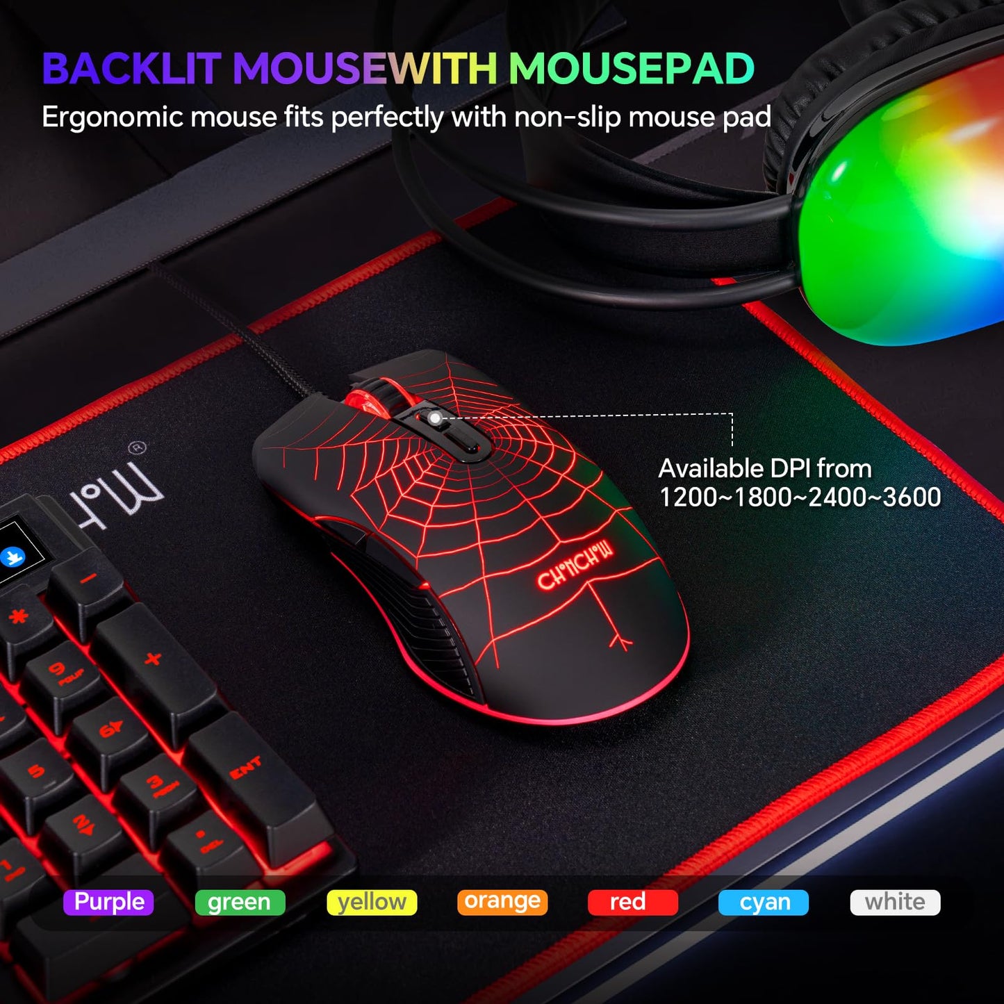 Gaming Keyboard Mouse Mousepad and Headset with mic Combo All in One USB Wired RGB Backlit Rainbow Side Button Gamer Bundle Set Compatible with PC Windows Xbox one PS4 PS5(Black)