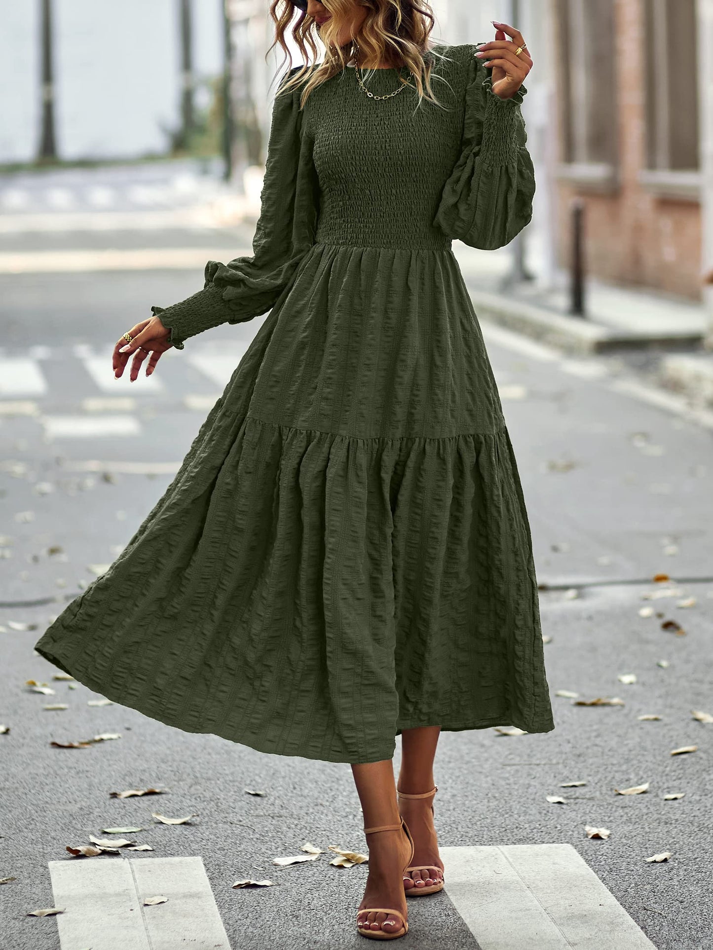 PRETTYGARDEN Women 2024 Puff Long Sleeve Crewneck Smocked Maxi Dress Solid Empire Waist Tiered A-line Swing Flowy Long Dress(Army Green,X-Large)