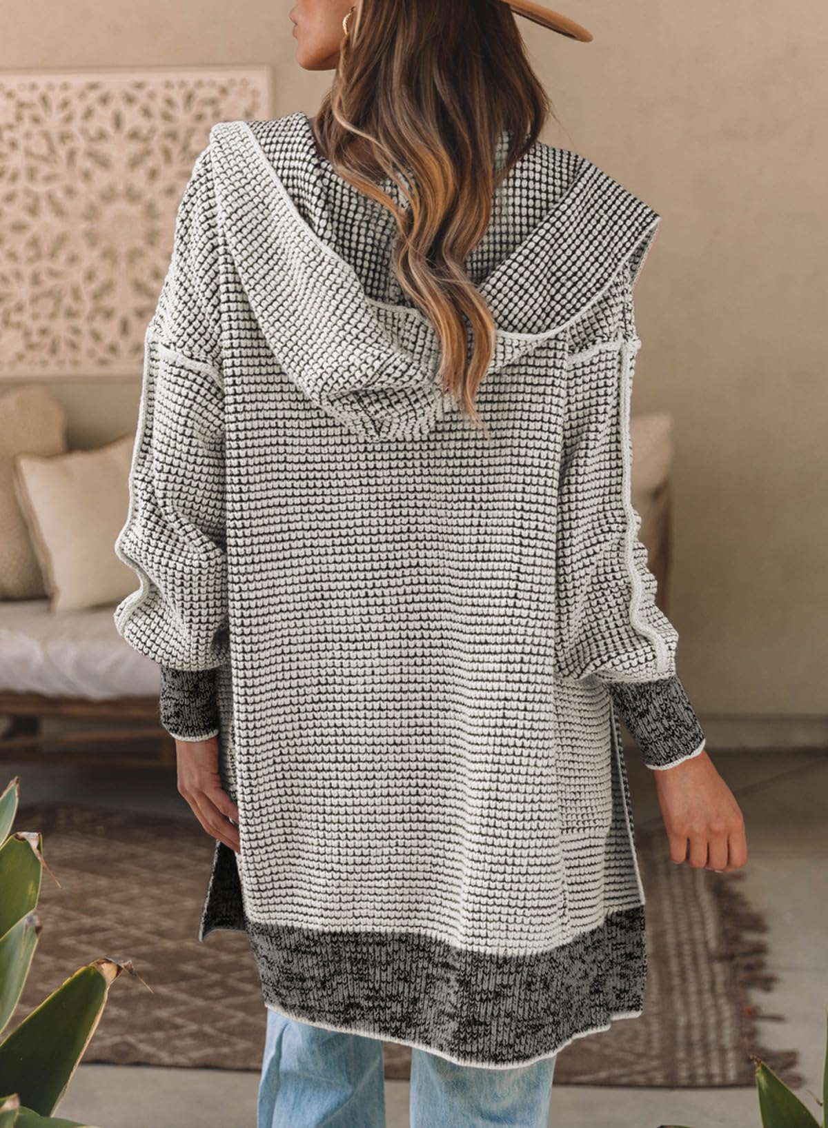 Sidefeel Cardigan Sweaters for Women Oversized Plaid Loose Fit Hooded Open Front Sweater 2024 Trendy Gray Large