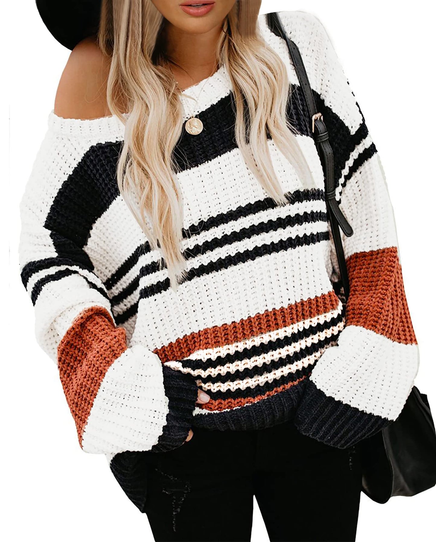 KIRUNDO Women's 2024 Fall Winter Striped Color Block Short Sweater Long Sleeve Crew Neck Casual Loose Knit Pullover Tops(Medium, 1977-Orange)