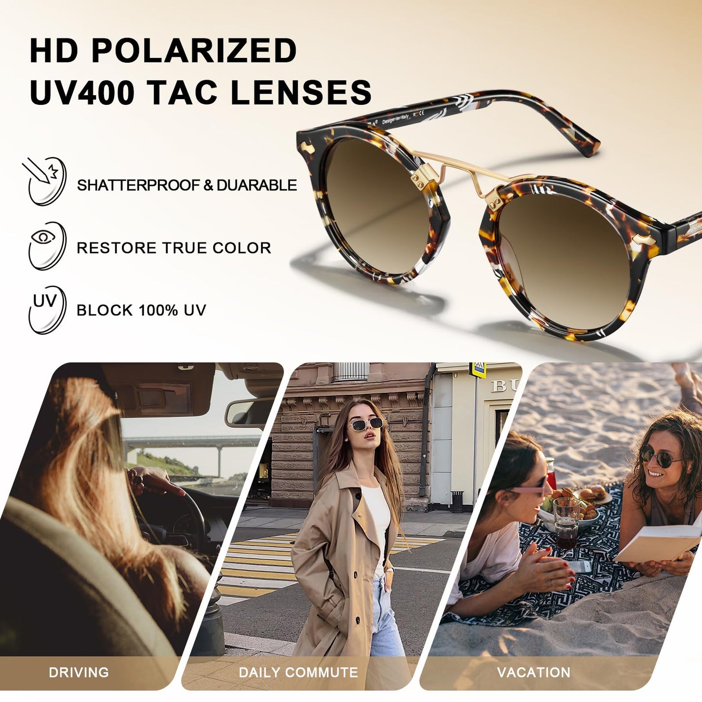 CARFIA Double Bridge Small Brown Acetate Sunglasses for Women Polarized, Retro Metal Brow Lady Sunnies Fashion Round Eyewears