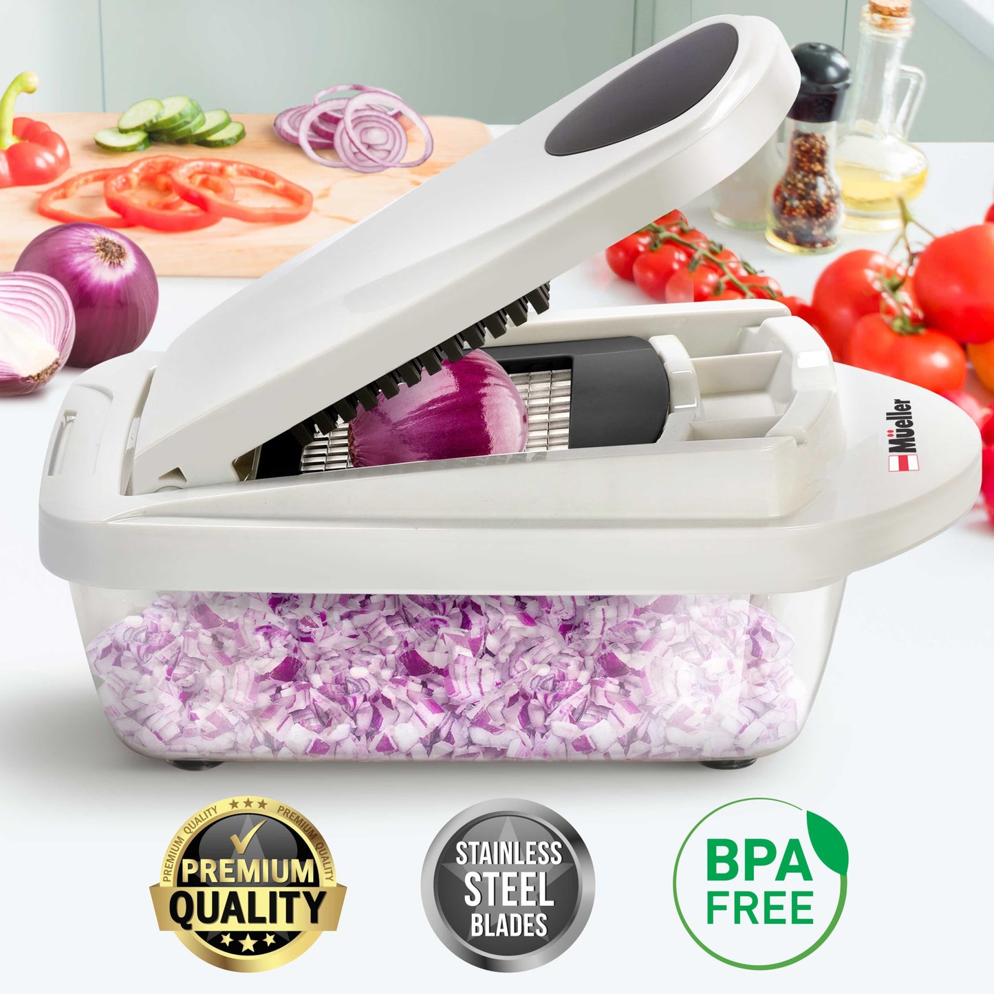 Mueller Pro-Series 10-in-1, 8 Blade Vegetable Chopper, Onion Mincer, Cutter, Dicer, Egg Slicer with Container, French Fry Cutter, Potato Slicer, Home Essentials & Kitchen Gadgets, Salad Chopper