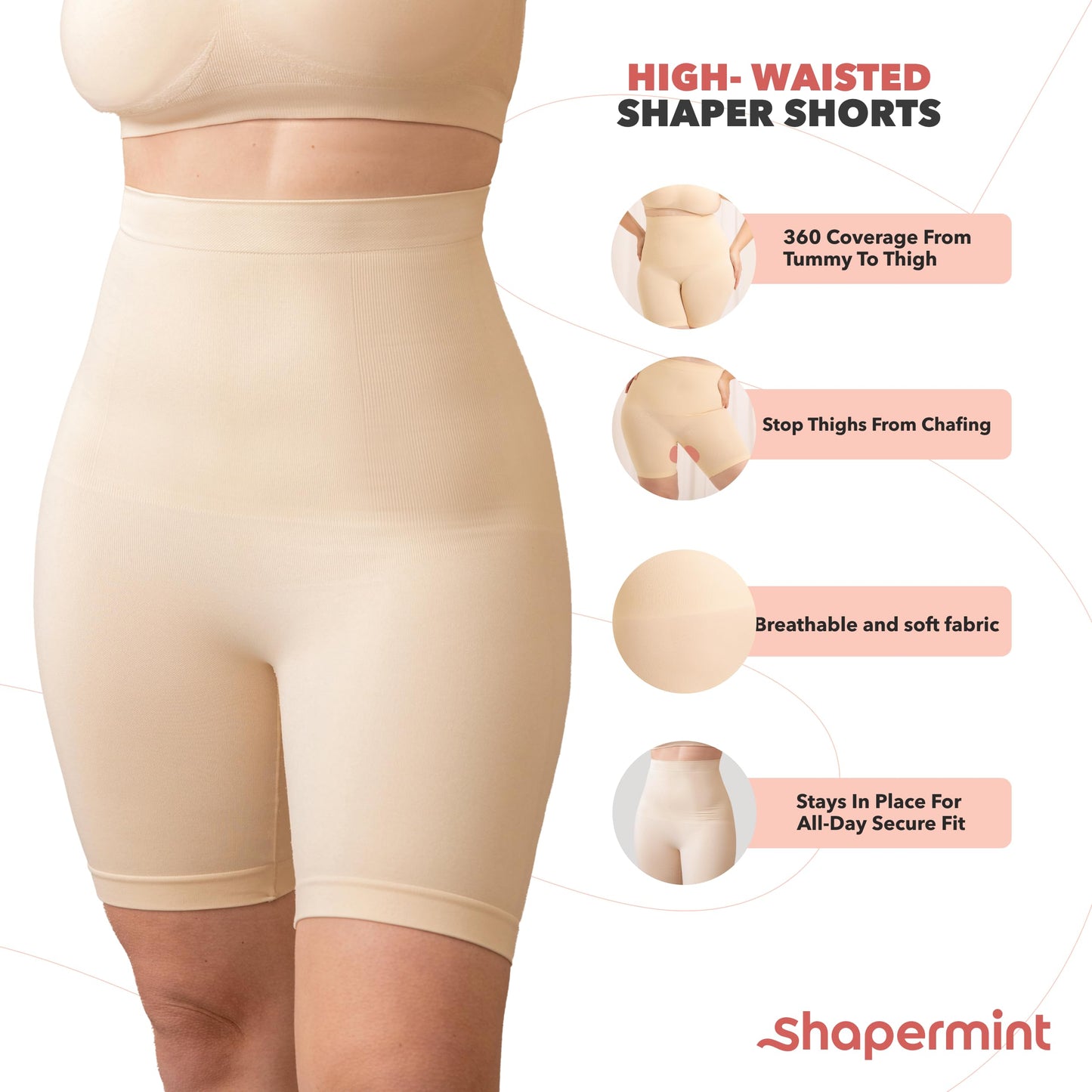 SHAPERMINT High Waisted Body Shaper Shorts - Shapewear for Women Tummy Control Small to Plus-Size, Nude Small