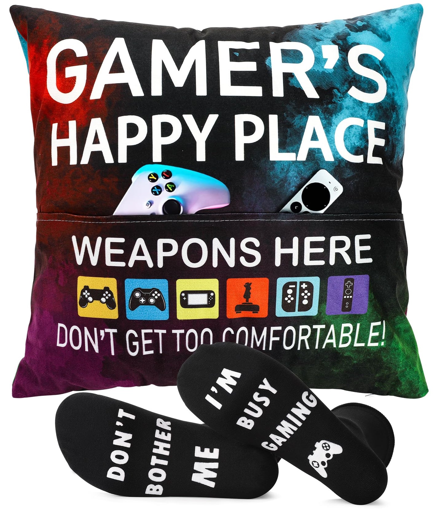 OCCdesign Gamer Gifts for Teenage Boys, Gaming Room Decoration, Gamer Pillow Cover and Game Socks Gifts Set, Easter Basket Stuffers for Teens Boys Girls Men Father Boyfriends 18" x 18"