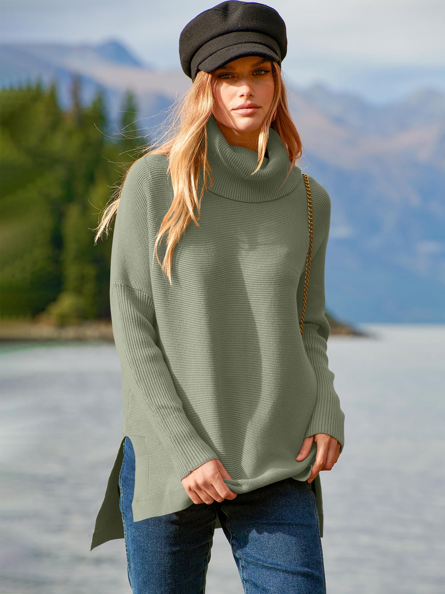 ANRABESS Women's Oversized Turtleneck Batwing Sleeve Spilt Casual Loose Knit Tunic Pullover Sweater Tops 2024 Fall Outfits Olive X-Small