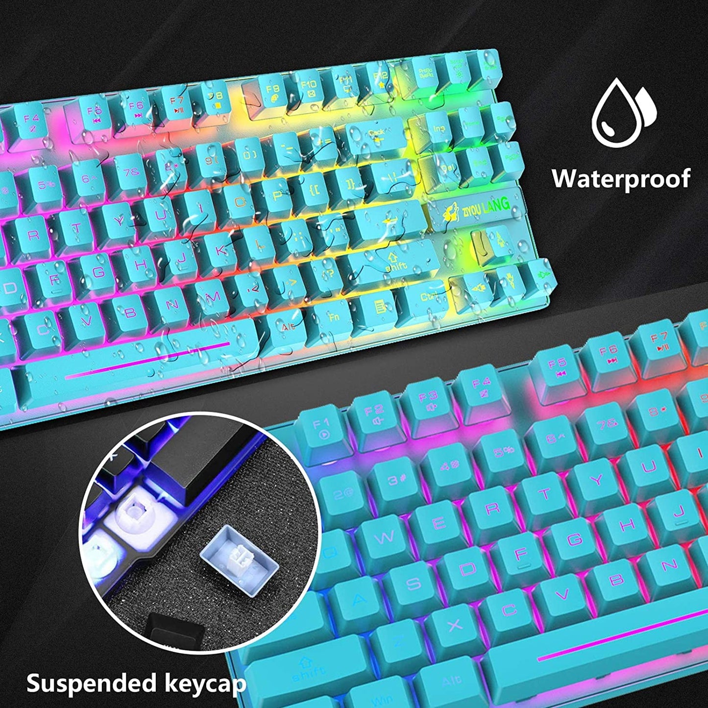 Wireless Gaming Keyboard Mouse Combo Detachable Wrist Rest, Rainbow Backlight Rechargeable 3800mAh Battery, 87-Key Mechanical Feel Keyboard, RGB Gaming Quiet Mouse & Mouse Pad for PC Gamers (Blue)