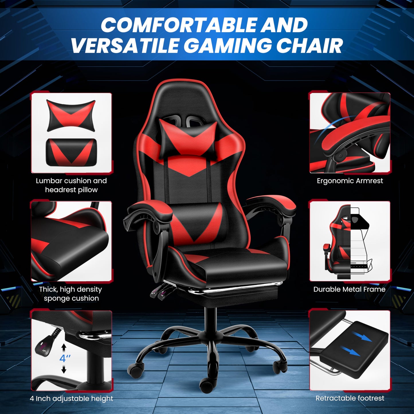 YSSOA Gaming Chair, Computer Chair with Footrest, Height Adjustable & 90°-135° Tilt Function, Swivel Recliner Ergonomic Racing Style Video Game Chair with Lumbar Support (Red)