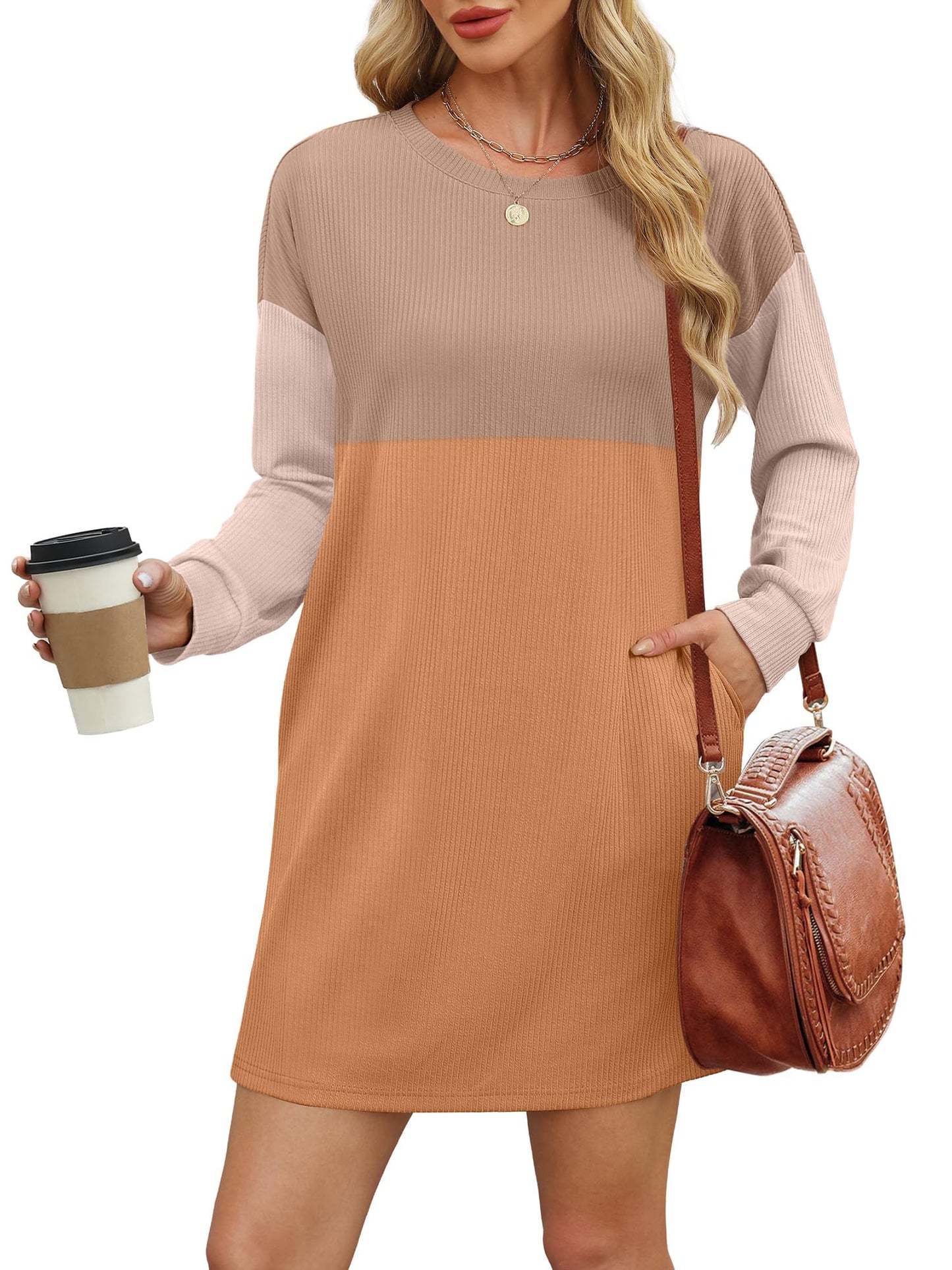 WIHOLL Orange Dresses for Women 2024 Casual Long Sleeve Flowy Mini Dresses with Pockets Crewneck Elegant Cute Fall Winter Homecoming Dresses Teacher Outfits Color Block M