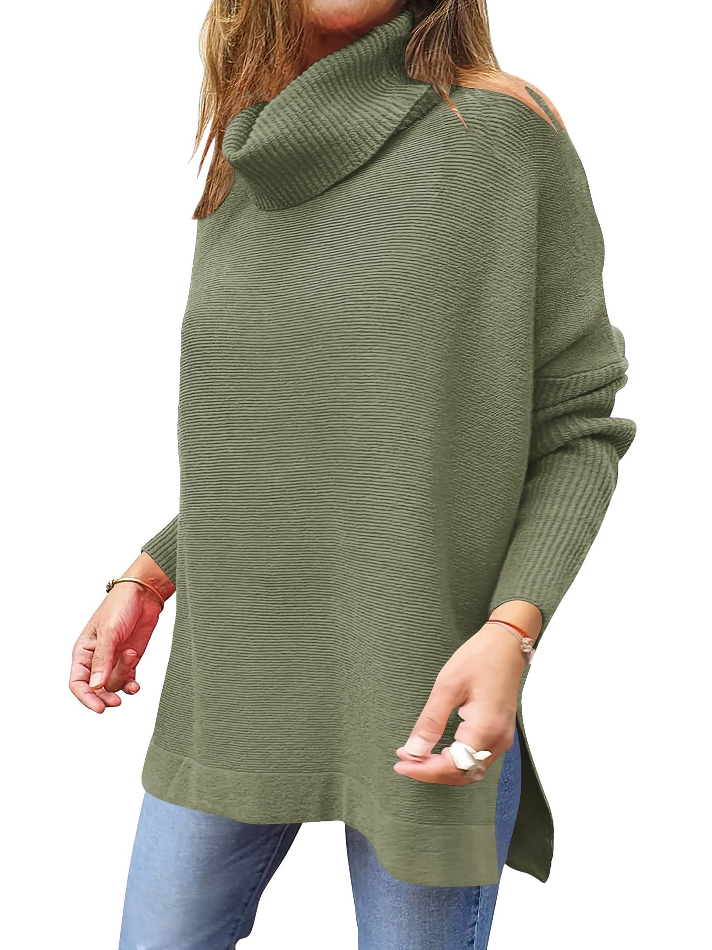 ANRABESS Women's Oversized Turtleneck Batwing Sleeve Spilt Casual Loose Knit Tunic Pullover Sweater Tops 2024 Fall Outfits Olive X-Small