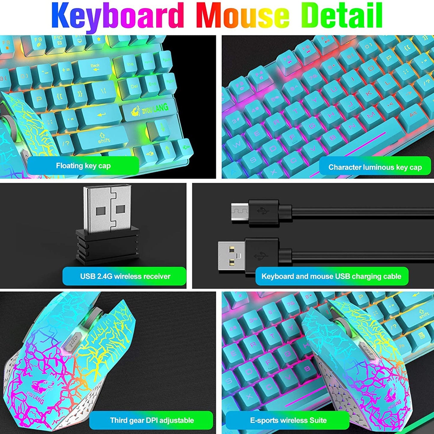 Wireless Gaming Keyboard Mouse Combo Detachable Wrist Rest, Rainbow Backlight Rechargeable 3800mAh Battery, 87-Key Mechanical Feel Keyboard, RGB Gaming Quiet Mouse & Mouse Pad for PC Gamers (Blue)