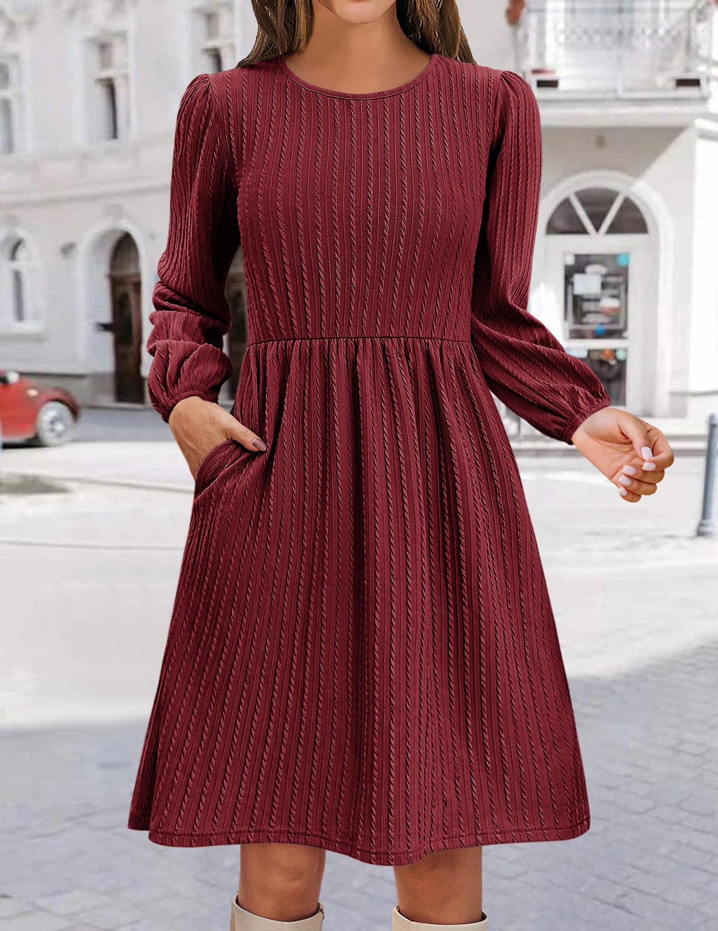 Zeagoo Casual Winter Dress for Women 2024 Long Sleeve Tunic Dresses with Pockets Fall Knit Sweater Dress Crew Neck Babydoll Dresses Wine Red Medium