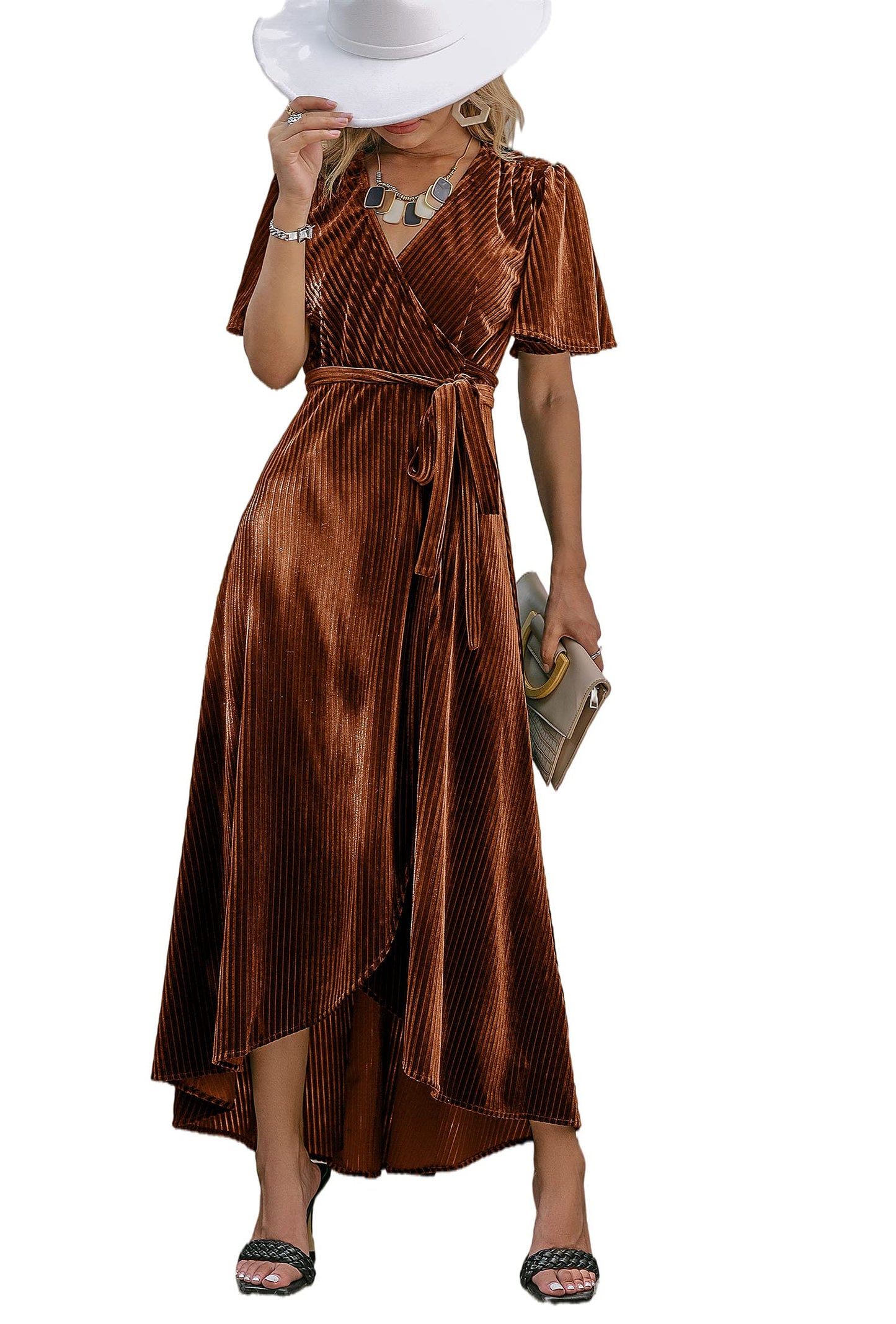 BerryGo Women's 2024 Fall Velvet Wrap Dresses Long Maxi Dress for Wedding Guest Vestidos Elegantes De Mujer para Fiesta Burnt Orange M