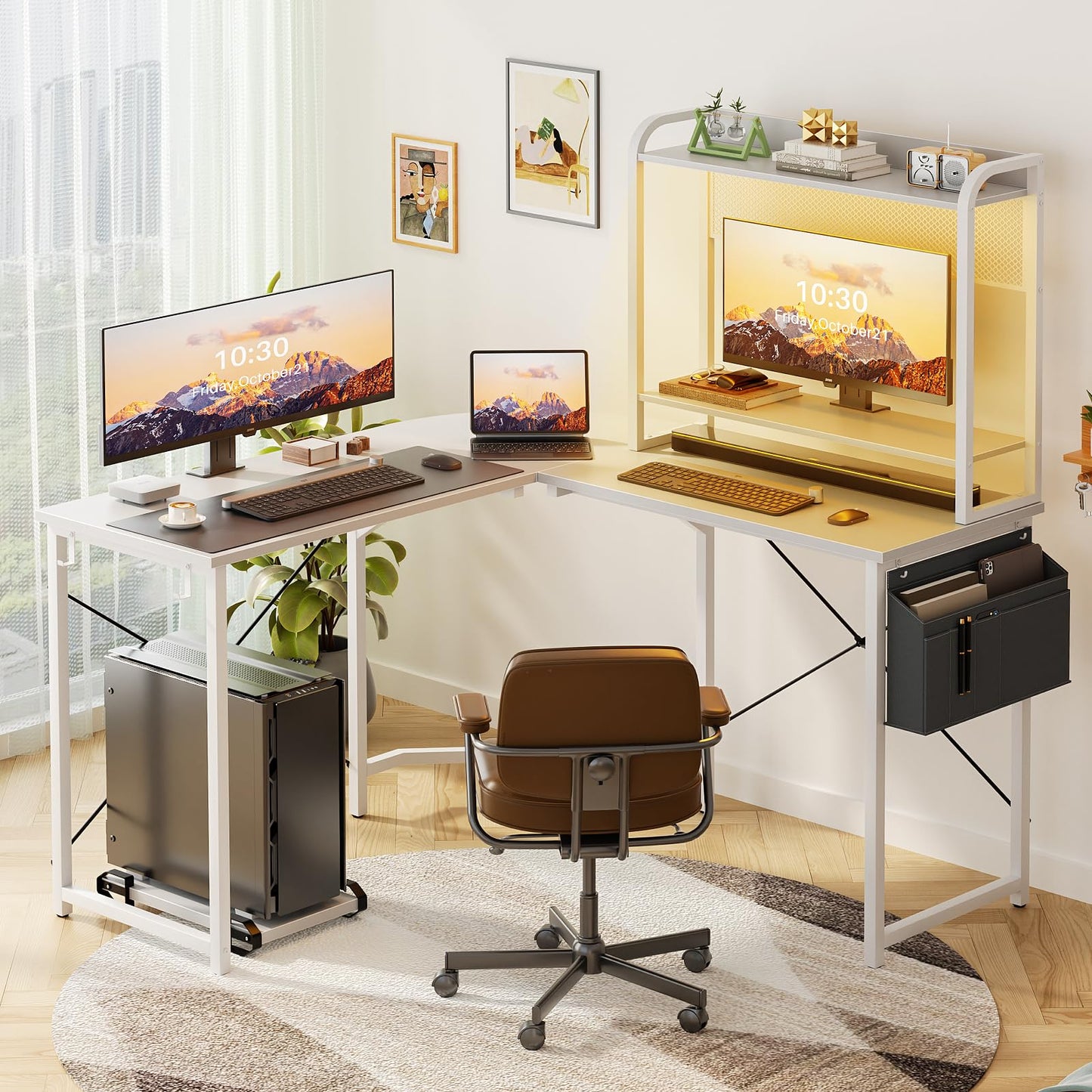 Small L Shaped Gaming Desk with Power Outlets, Corner Gaming Desk with LED Light, Reversible L-Shaped Desk with Monitor Stand & Hutch, L Shaped Desk Home Office Desk with Storage Bag, White