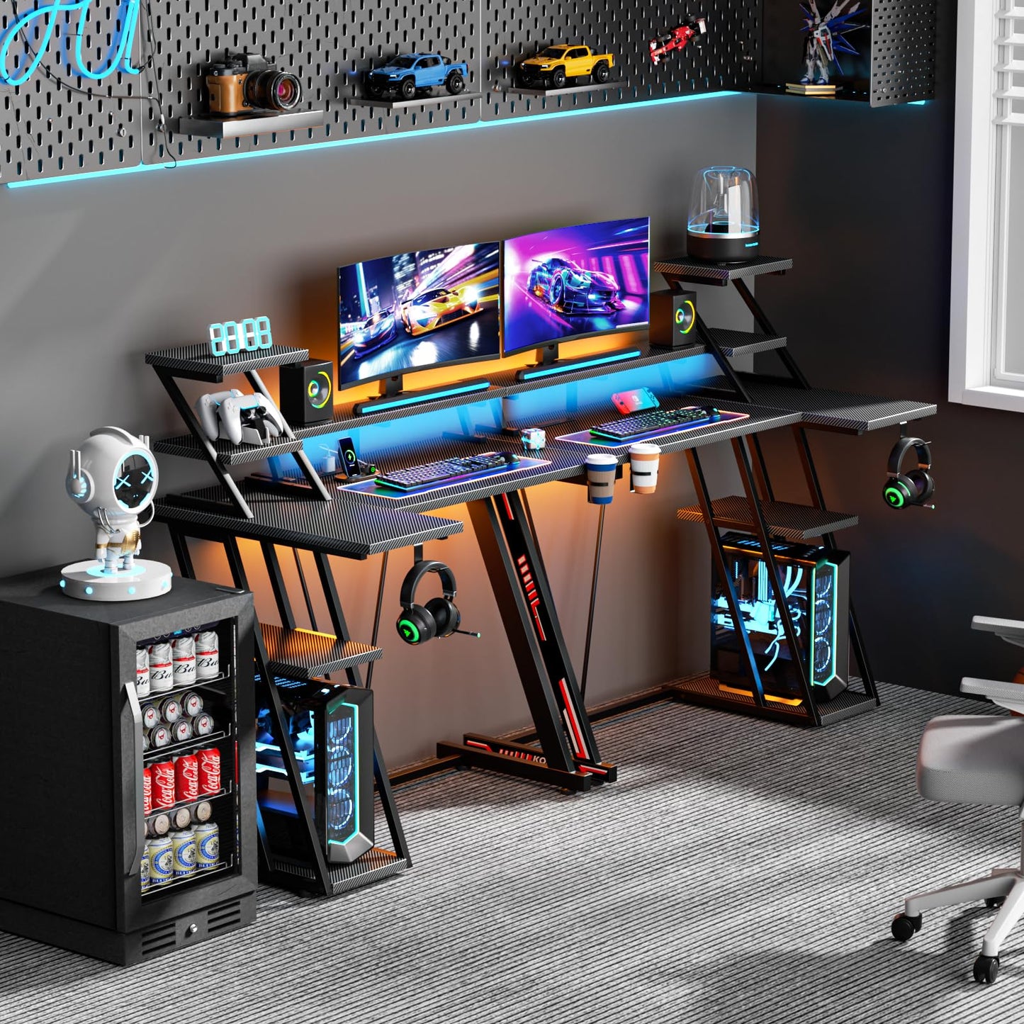 Korfile L Shaped Gaming Desk with LED Lights & Power Outlet, Reversible Computer Desk with Extra Storage Shelves, Gamer Workstations with Monitor Stand for Bedroom, 39 Inch, Carbon Fiber Black