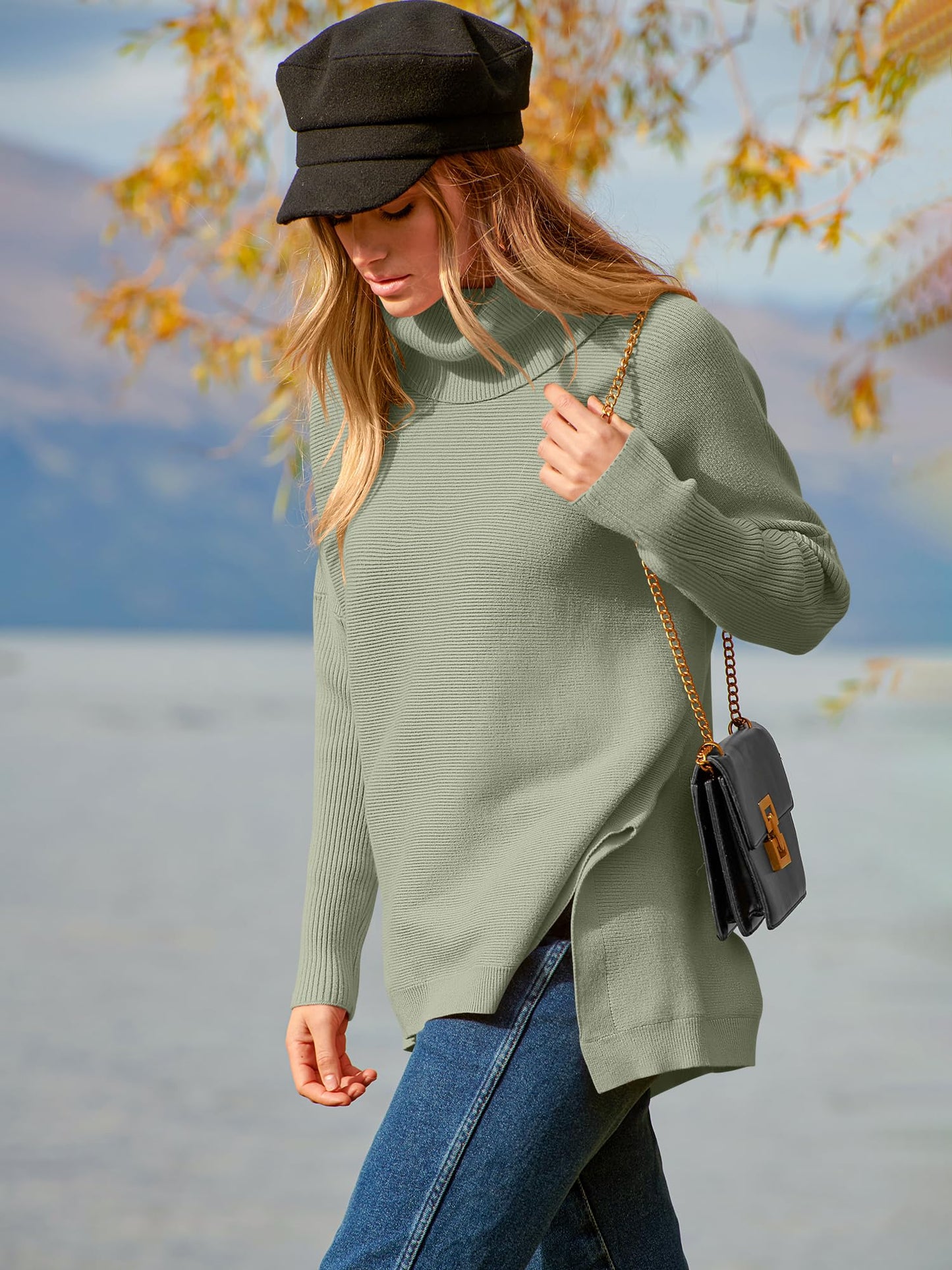 ANRABESS Women's Oversized Turtleneck Batwing Sleeve Spilt Casual Loose Knit Tunic Pullover Sweater Tops 2024 Fall Outfits Olive X-Small