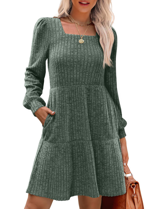 Womens Dresses Square Neck Winter Christmas Long Sleeve Spring Dress with Pockets 2024 Green M