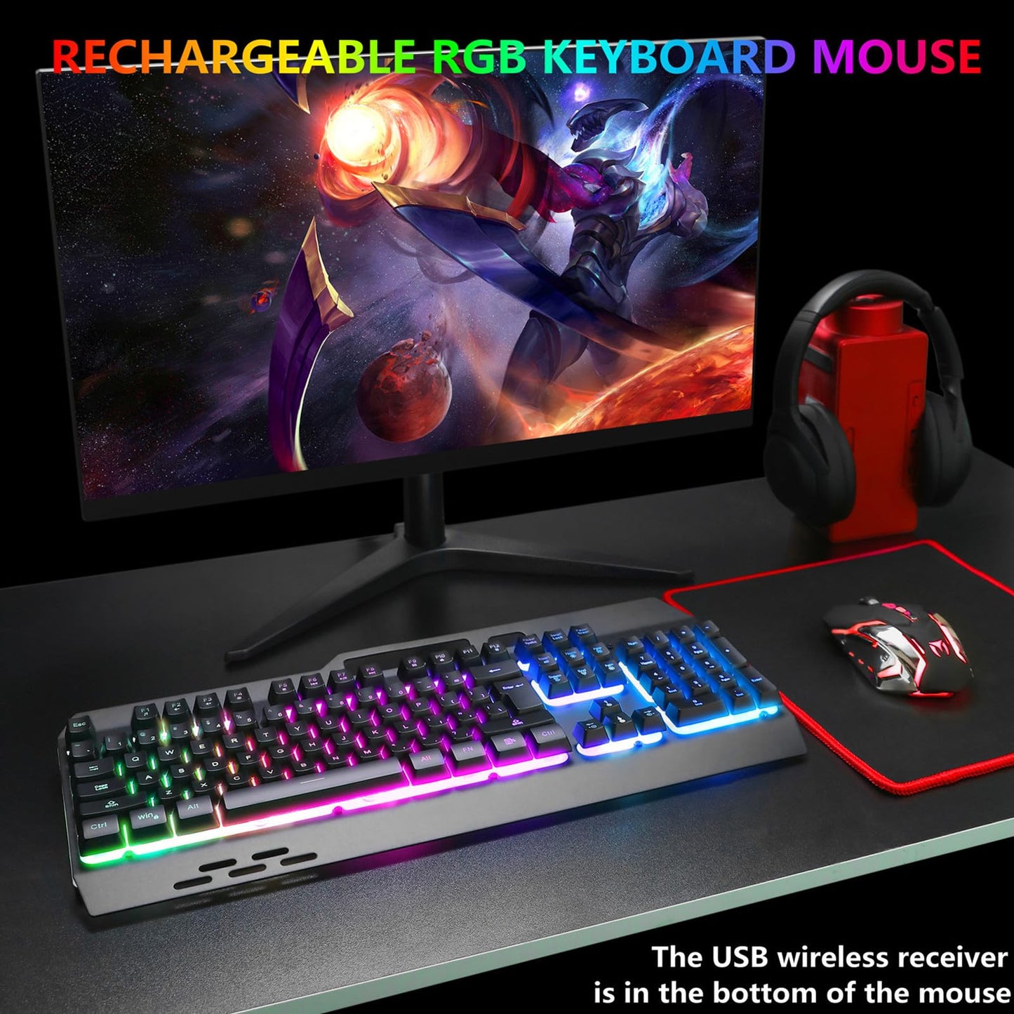 Wireless RGB Backlit Gaming Keyboard and Mouse, Rechargeable, Long Battery Life, Metal Panel Mechanical Feel Keyboard with Palm Rest, 7 Color Mouse and Mouse Pad for Game and Work