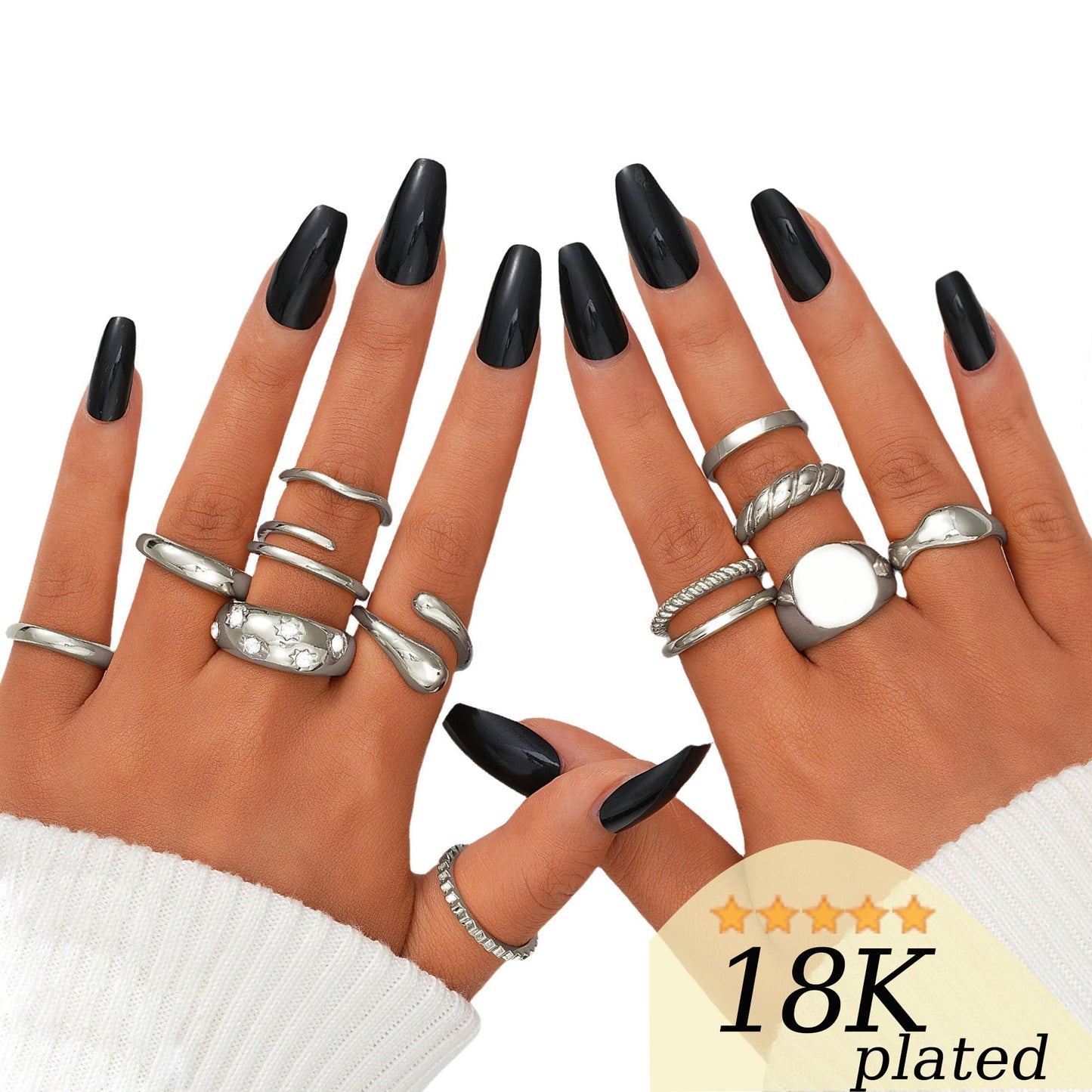 FAXHION 12PCS Silver Stackable Rings Set for Women, 18K Gold Plated Open Stacking Knuckle Ring, Adjustable Chunky Signet Band Ring for Gift（silver-3）