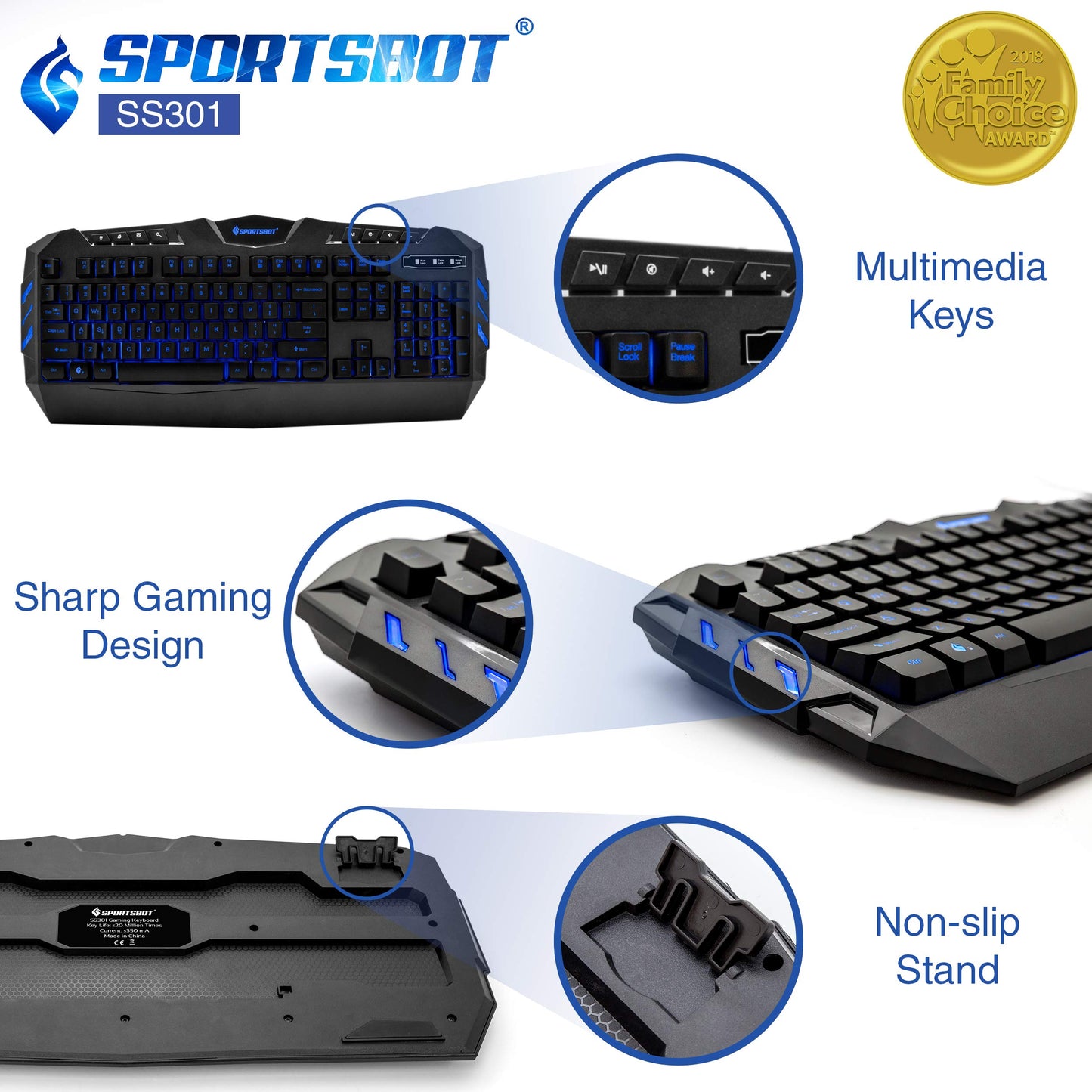 Soundbot SportsBot SS301 Blue LED Gaming Over-Ear Headset Headphone, Keyboard & Mouse Combo Set w/ 40mm Speaker Driver, Microphone, Multimedia Keys & Window Key Lock, 4 DPI Levels (BLU)