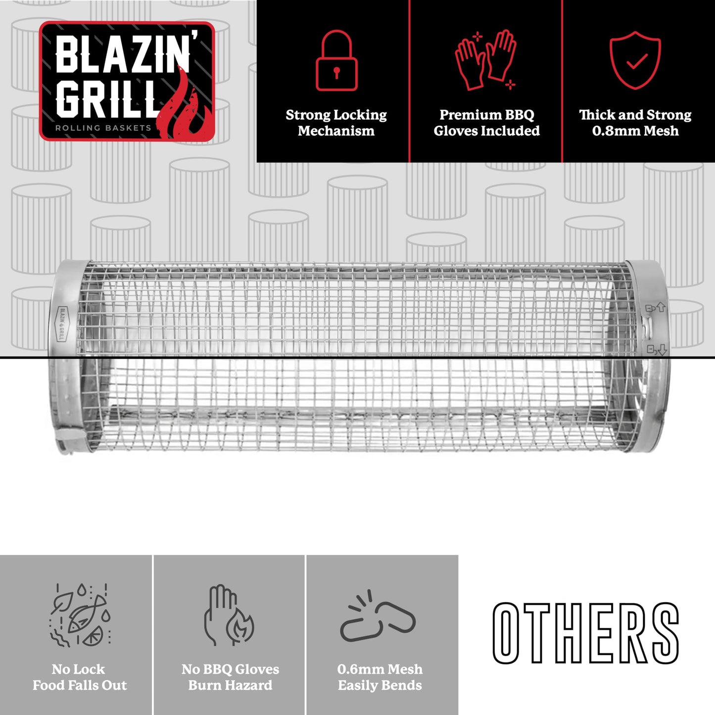 Blazin' Grill Rolling Grill Basket | Rolling Grilling Baskets for Outdoor Grilling 2 Pcs | Barbecue Grill Set with BBQ Gloves | Portable Camping Net Rack Perfect for Vegetables, Seafood & Meat |