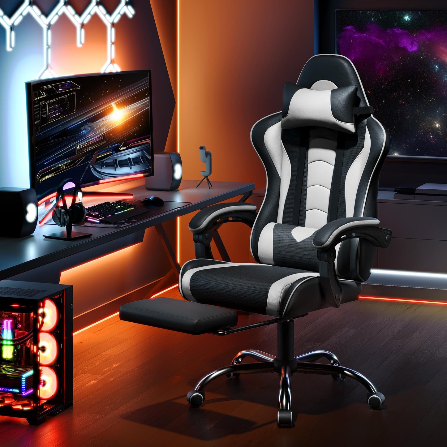 Yaheetech Gaming Chair, Video Game Chair with Massage Lumbar Support and Footrest Height Adjustable Ergonomic Computer Chair with Swivel Seat and Headrest, Black/White