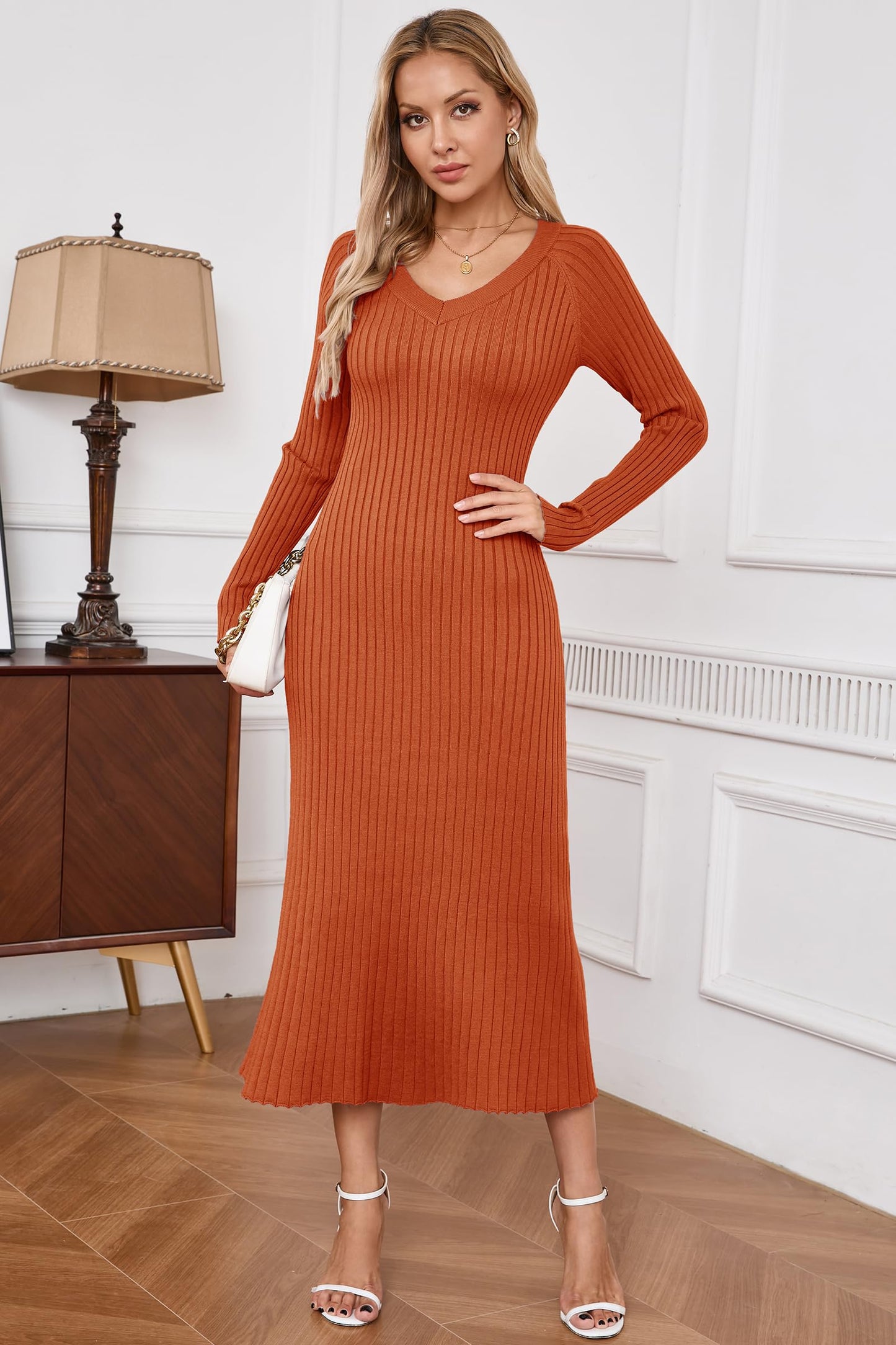 Arach&Cloz 2024 Fall Womens V Neck Long Sleeve Sweater Dress Ribbed Knit Slim Fit Bodycon Midi Maxi Dress Fashion Clothes Rust Burnt Orange Red