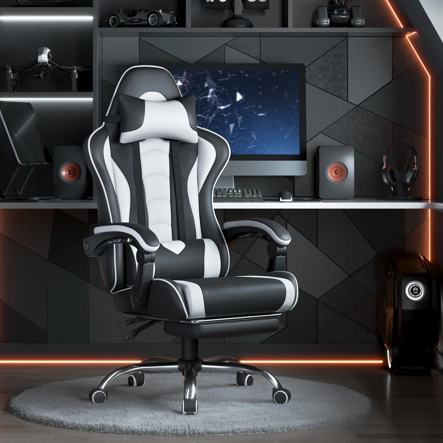 Yaheetech Gaming Chair, Video Game Chair with Massage Lumbar Support and Footrest Height Adjustable Ergonomic Computer Chair with Swivel Seat and Headrest, Black/White