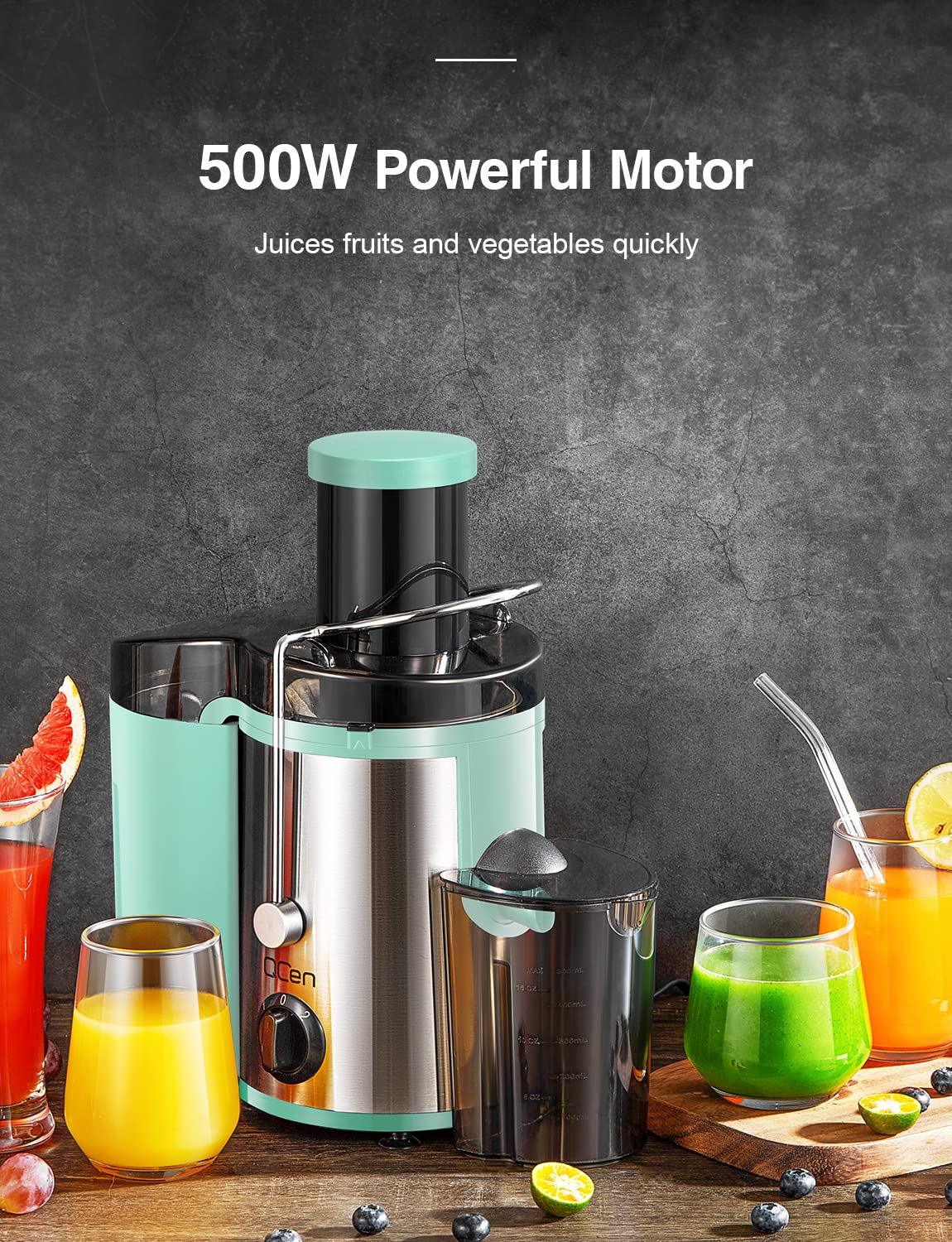 QCen Juicer Machine, 500W Centrifugal Juicer Extractor with Wide Mouth 3” Feed Chute for Fruit Vegetable, Easy to Clean, Stainless Steel, BPA-free (Aqua)