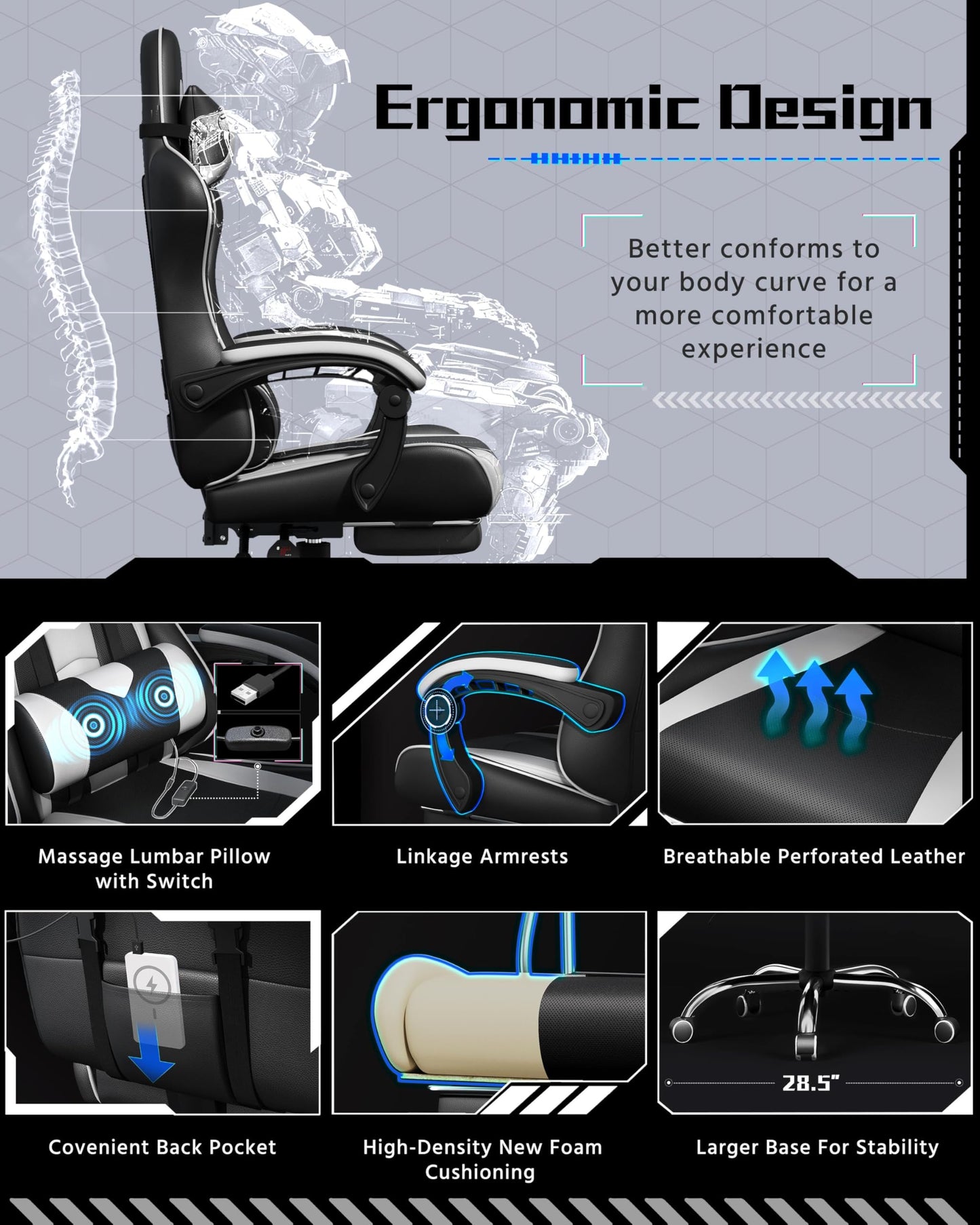 Yaheetech Gaming Chair, Video Game Chair with Massage Lumbar Support and Footrest Height Adjustable Ergonomic Computer Chair with Swivel Seat and Headrest, Black/White