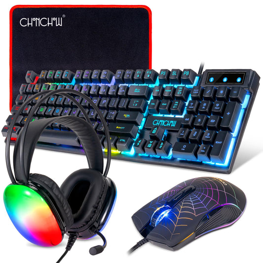 Gaming Keyboard Mouse Mousepad and Headset with mic Combo All in One USB Wired RGB Backlit Rainbow Side Button Gamer Bundle Set Compatible with PC Windows Xbox one PS4 PS5(Black)