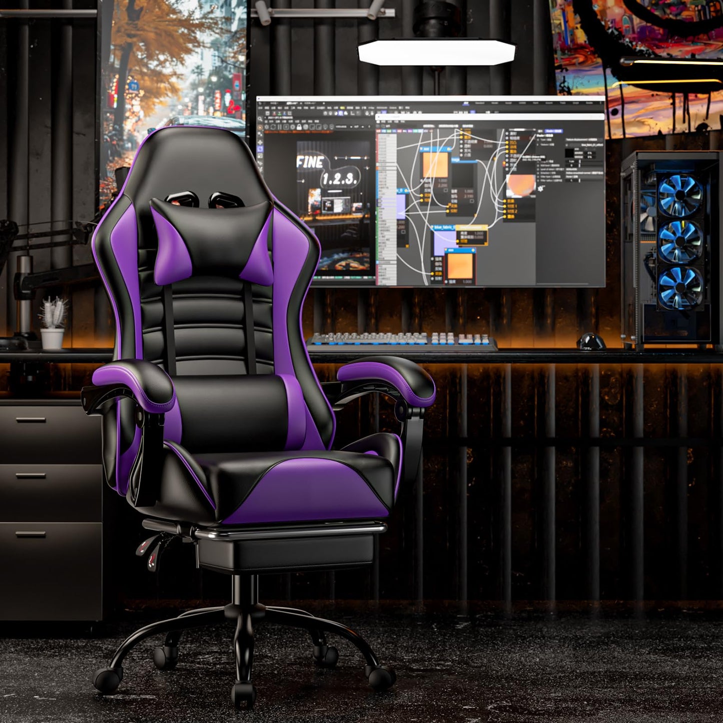 Gaming Chair, Computer Chair with Footrest and Lumbar Support, Ergonomic Video Game Chair with Headrest, Height Adjustable Gamer Chair Office Desk Chair, Purple