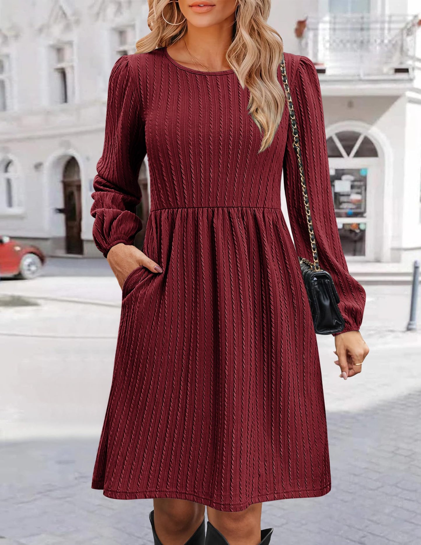 Zeagoo Casual Winter Dress for Women 2024 Long Sleeve Tunic Dresses with Pockets Fall Knit Sweater Dress Crew Neck Babydoll Dresses Wine Red Medium