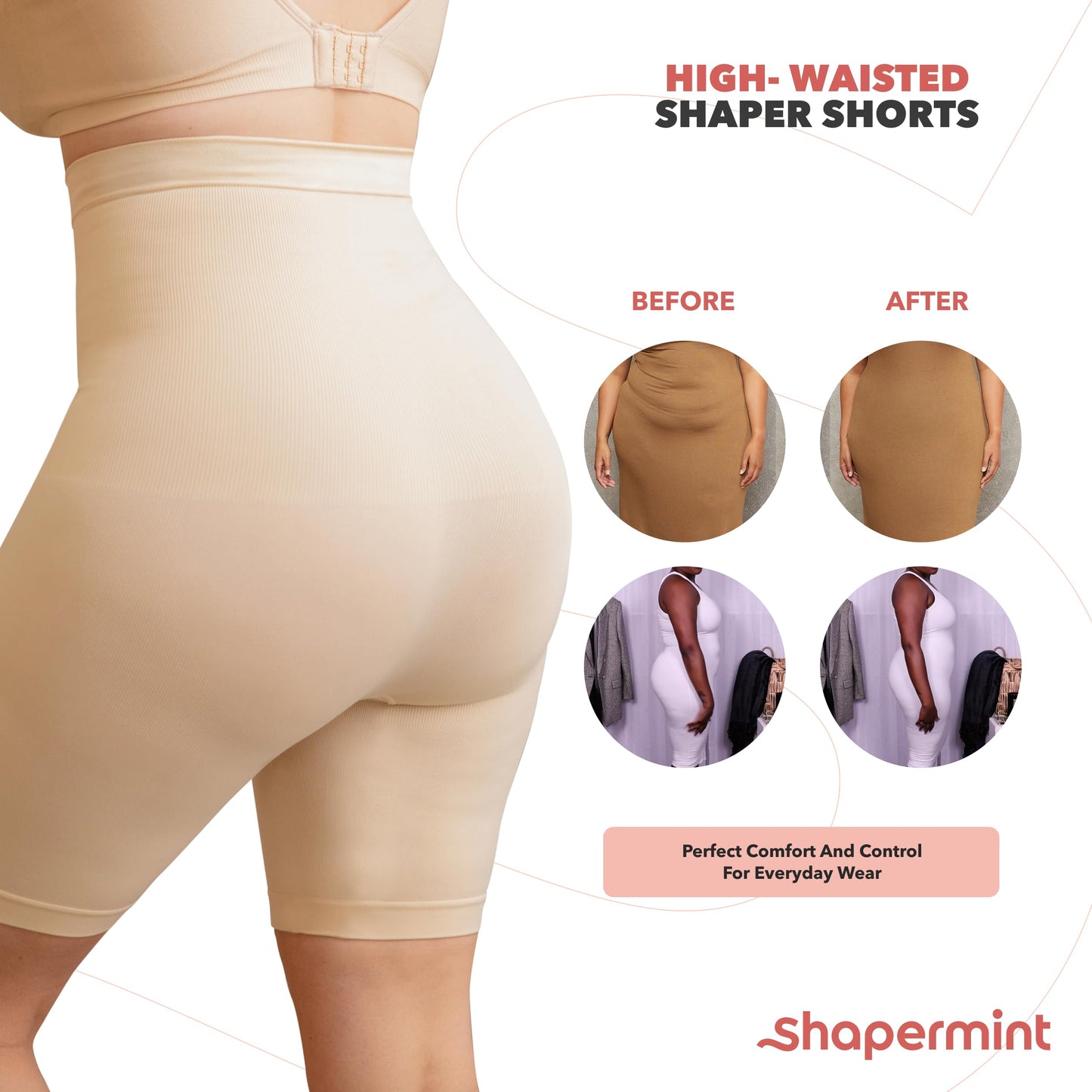 SHAPERMINT High Waisted Body Shaper Shorts - Shapewear for Women Tummy Control Small to Plus-Size, Nude Small