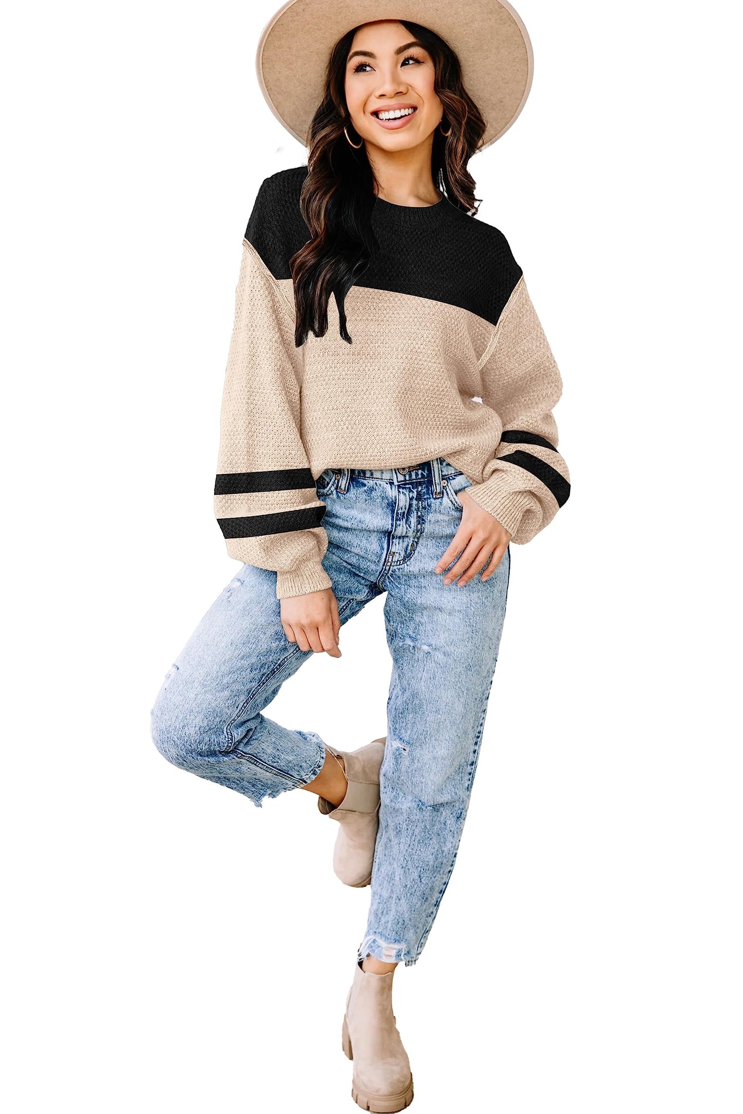 Womens Sweaters Fall 2024 Fashion Long Sleeve Color Block Oversized Sweaters Trendy Casual Crew Neck Knitted Tops Pullover(M.Double Khaki)