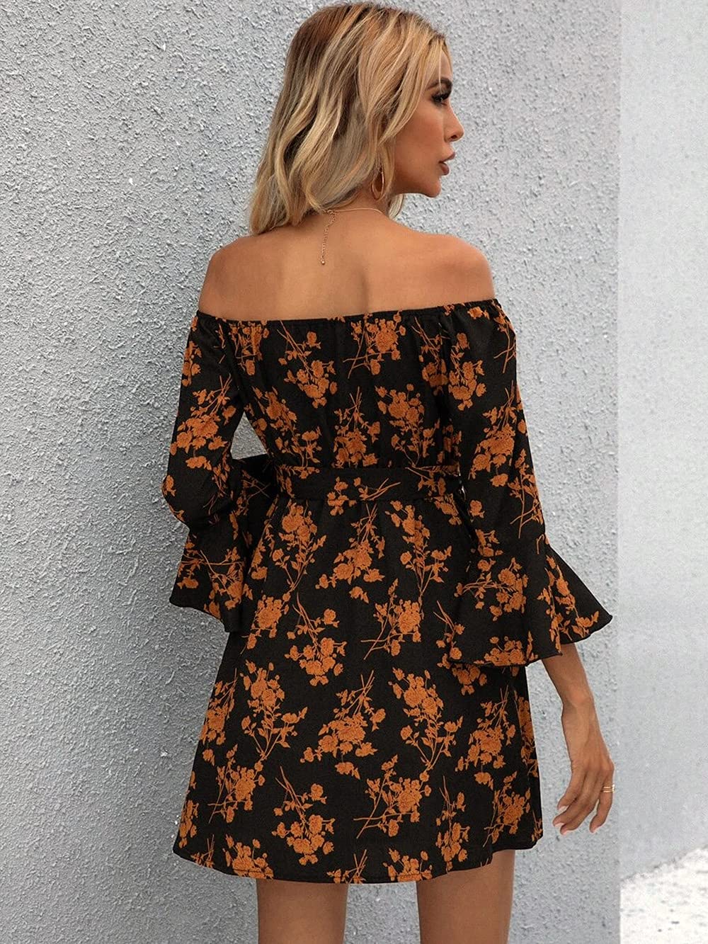 JECEIKA Womens Off Shoulder Dress Ruffle Floral Fall Wedding Guest Dresses 2024 A Line Tied Belted Short Skater Dress Medium Caramel