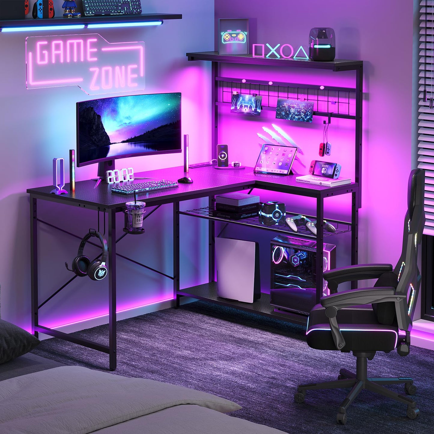 Bestier 42 L Gaming Desk,Computer Desk with Power Outlets, LED Lights, Reversible Corner Desk with 4-Tier Shelves,Cup Holder & Hook Carbon Fiber Black