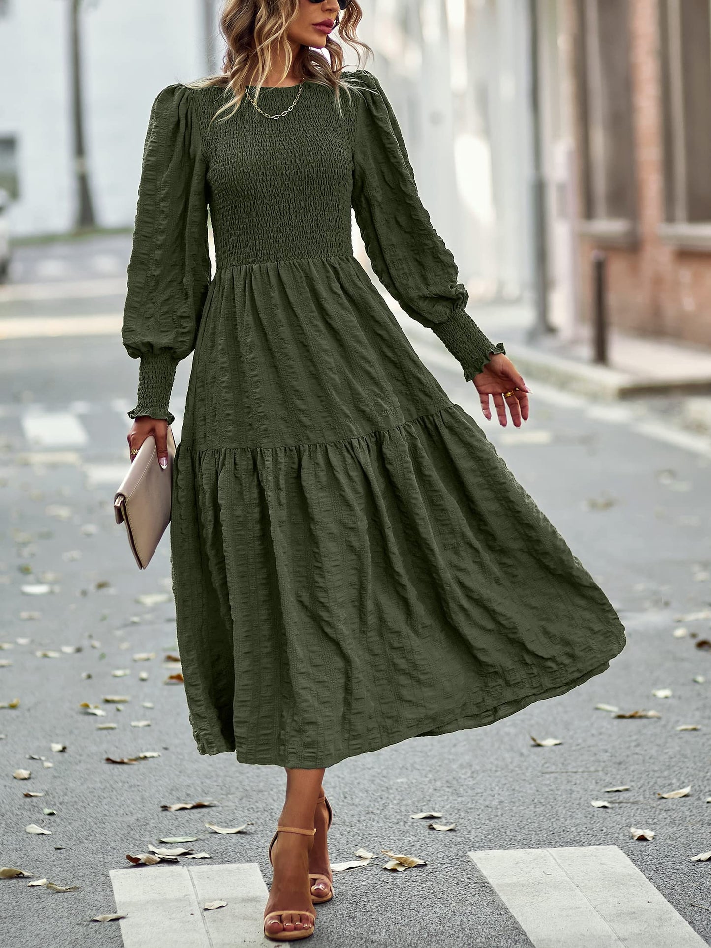 PRETTYGARDEN Women 2024 Puff Long Sleeve Crewneck Smocked Maxi Dress Solid Empire Waist Tiered A-line Swing Flowy Long Dress(Army Green,X-Large)