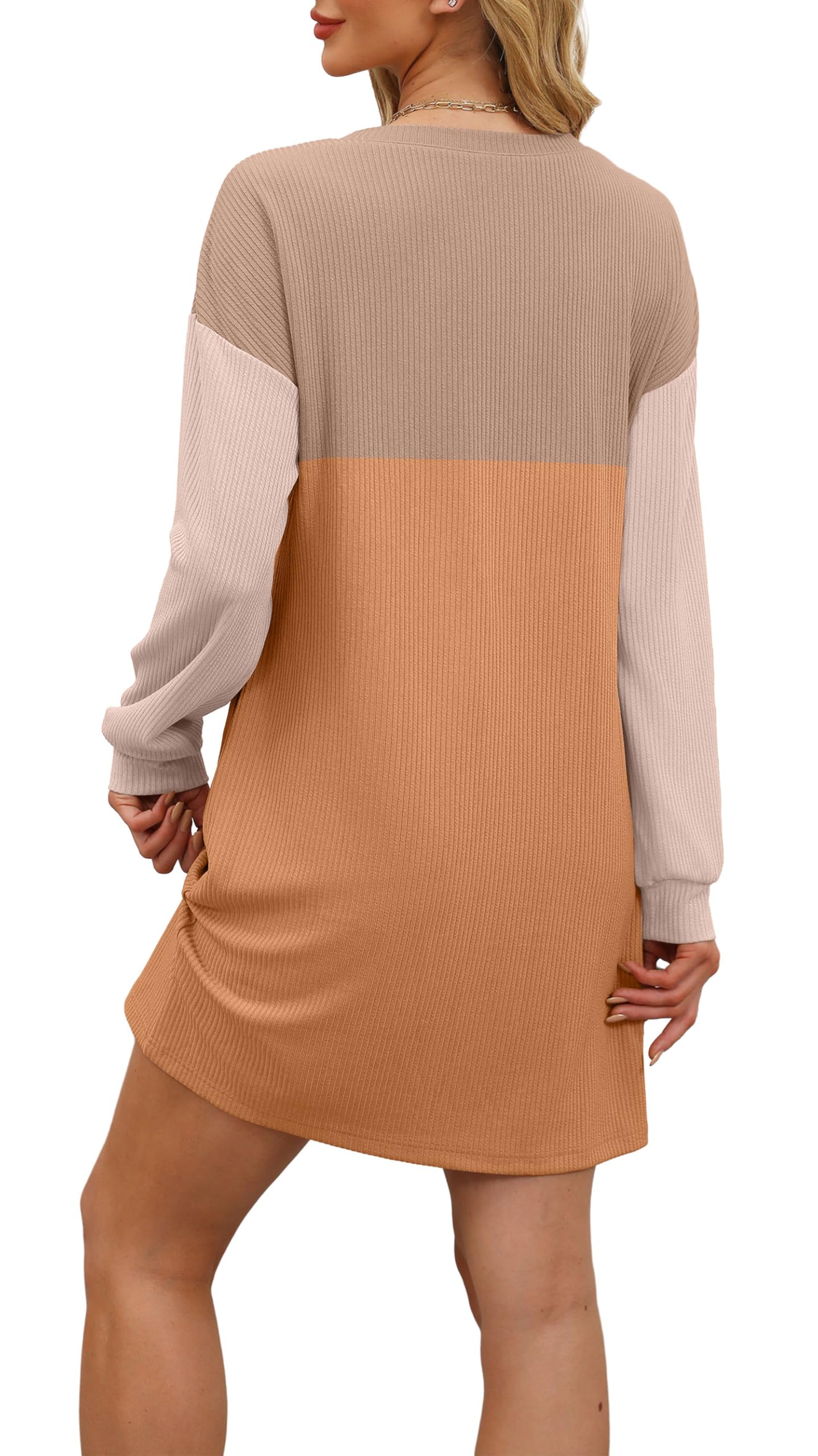 WIHOLL Orange Dresses for Women 2024 Casual Long Sleeve Flowy Mini Dresses with Pockets Crewneck Elegant Cute Fall Winter Homecoming Dresses Teacher Outfits Color Block M