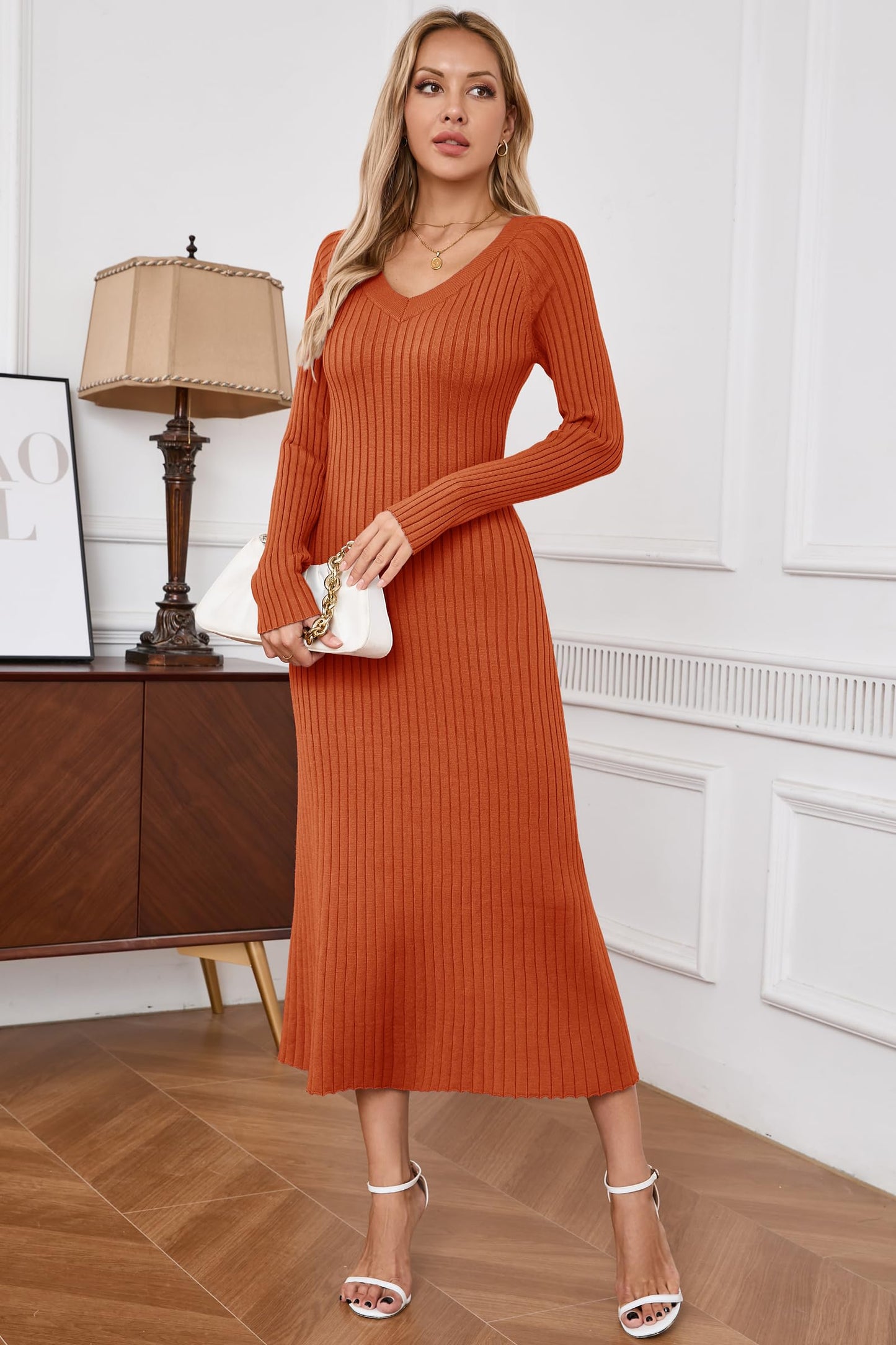 Arach&Cloz 2024 Fall Womens V Neck Long Sleeve Sweater Dress Ribbed Knit Slim Fit Bodycon Midi Maxi Dress Fashion Clothes Rust Burnt Orange Red