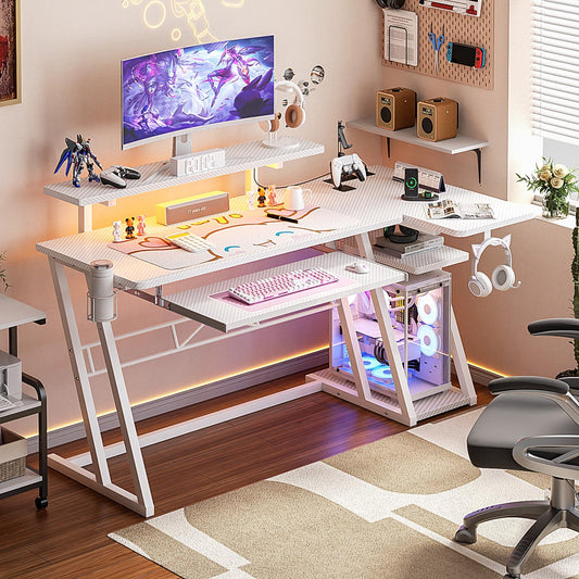 Gaming Desk with Power Outlets and LED Lights, L Shaped Gaming Desk with Shelves, Reversible L Shaped Computer Desk for Gamer, Carbon Fiber White, 47"